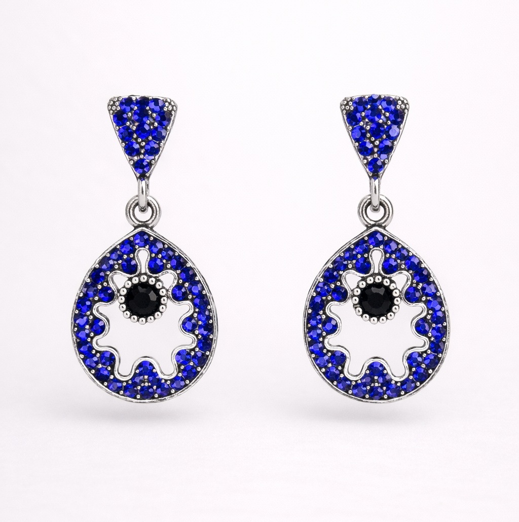 Royal Blue Diamond Circular Drop Earrings in Silver Finish