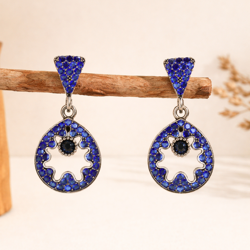 Royal Blue Diamond Circular Drop Earrings in Silver Finish