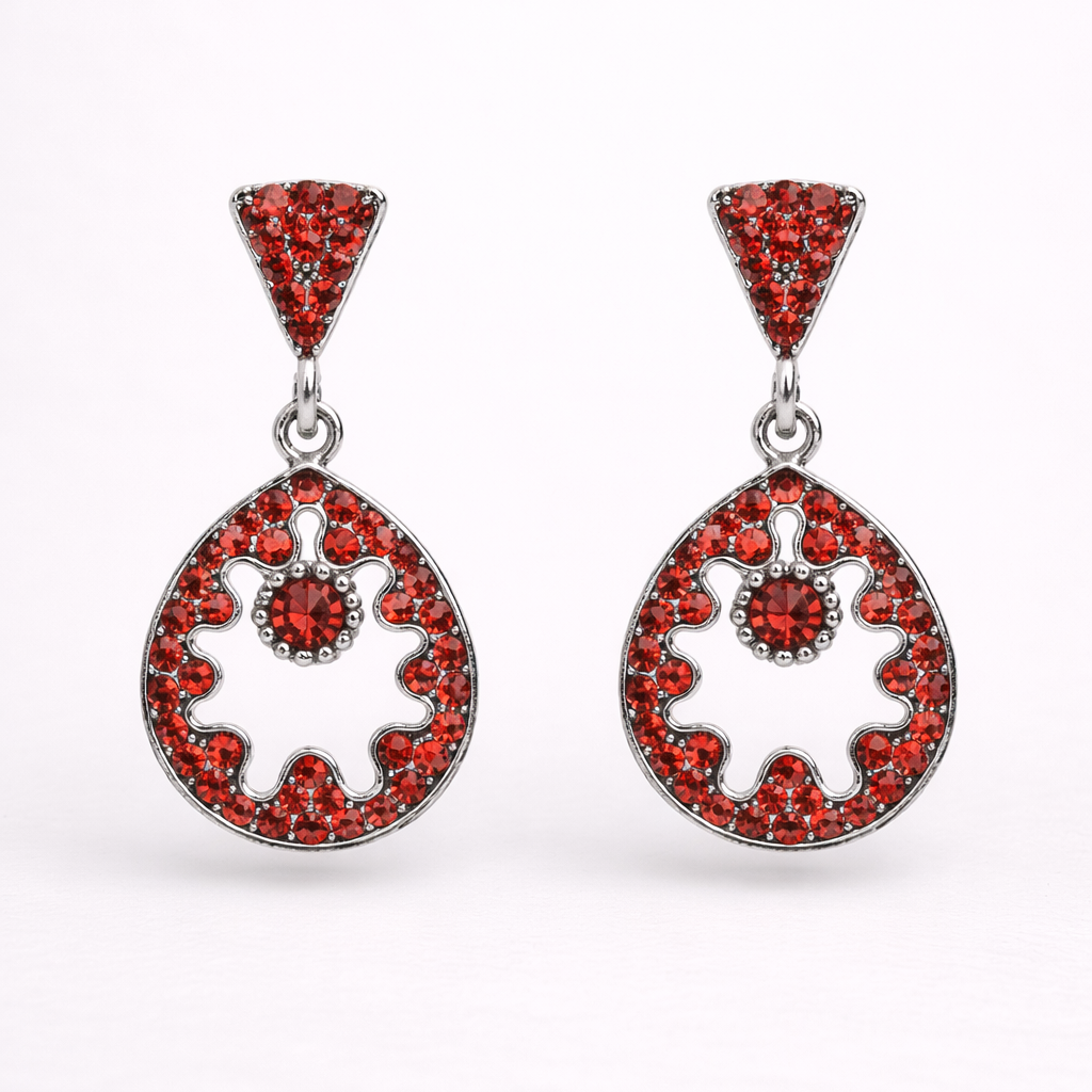 Red Diamond Circular Drop Earrings in Silver Finish