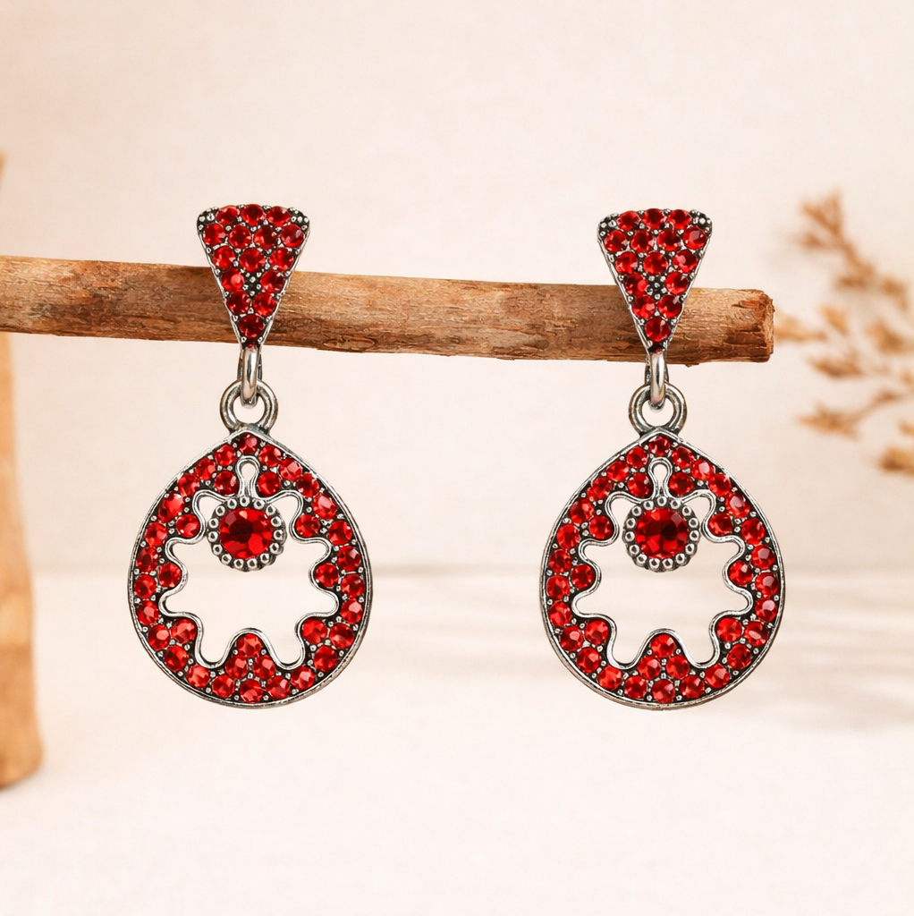 Red Diamond Circular Drop Earrings in Silver Finish