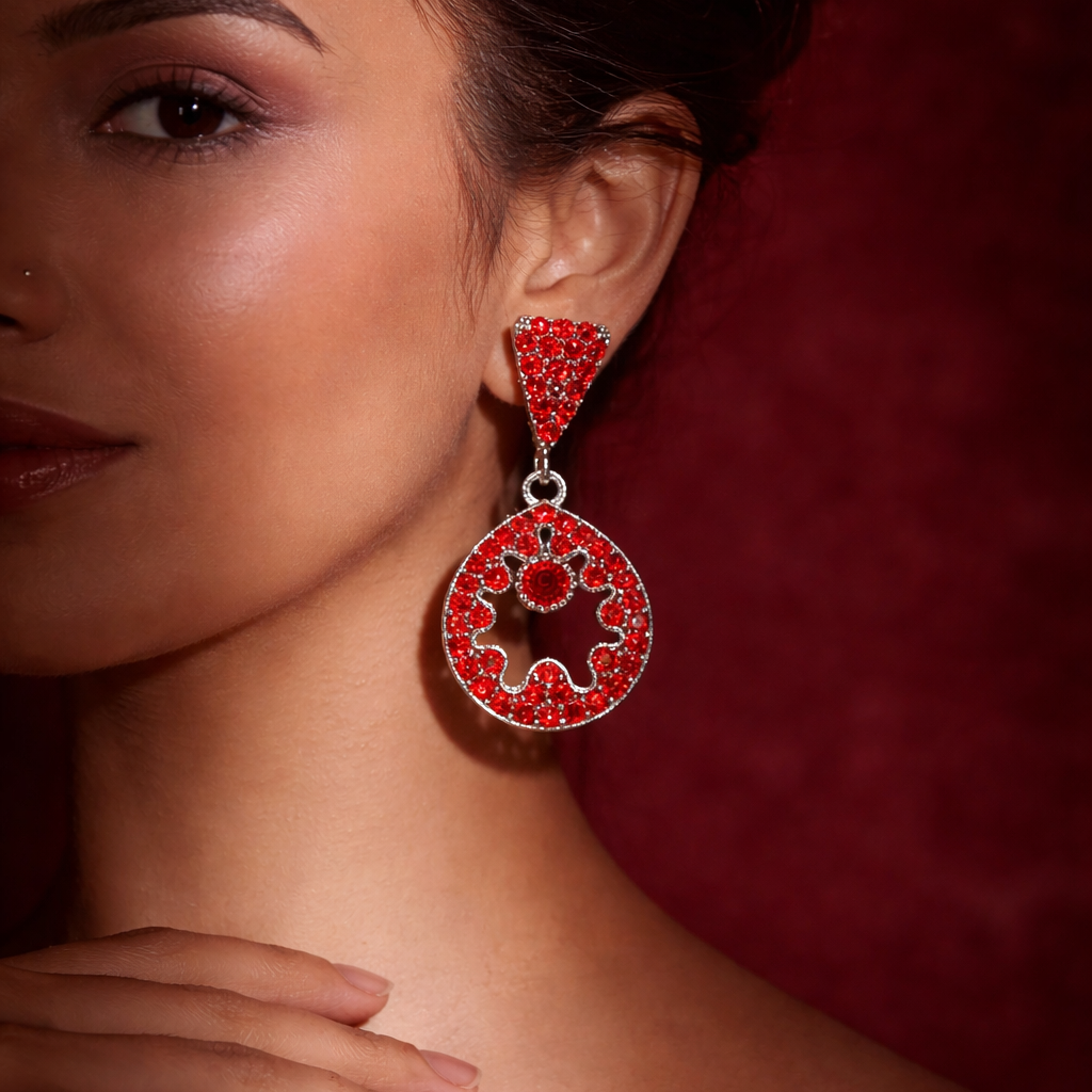 Red Diamond Circular Drop Earrings in Silver Finish