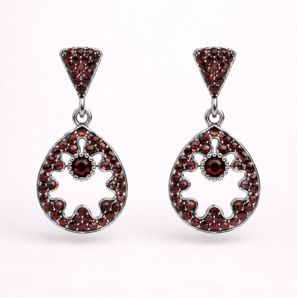 Maroon Diamond Circular Drop Earrings in Silver Finish