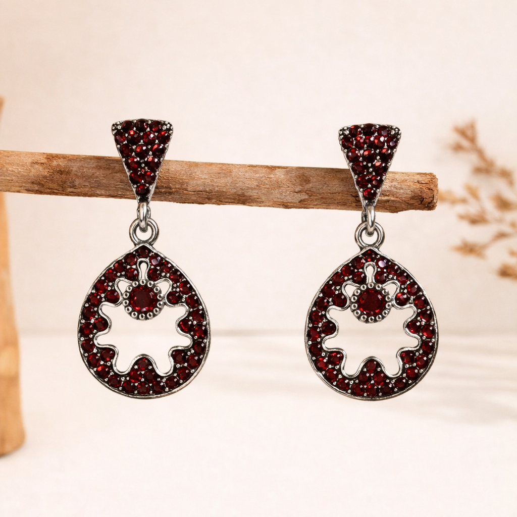 Maroon Diamond Circular Drop Earrings in Silver Finish