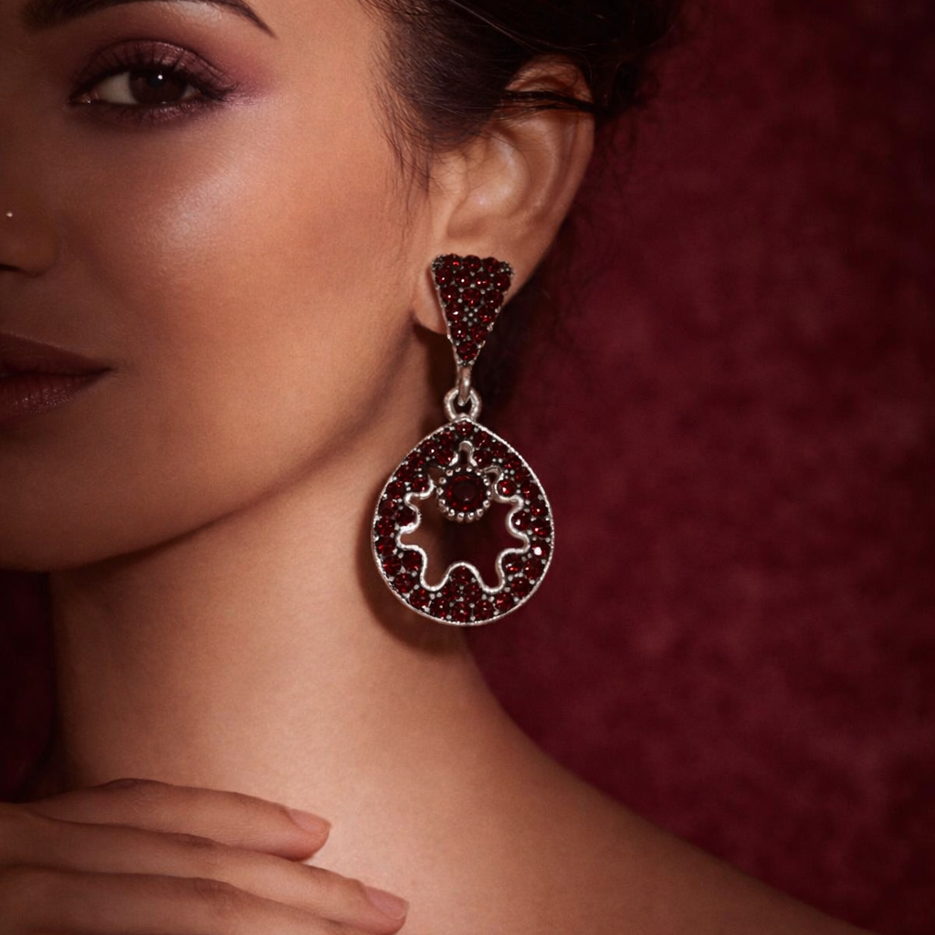 Maroon Diamond Circular Drop Earrings in Silver Finish