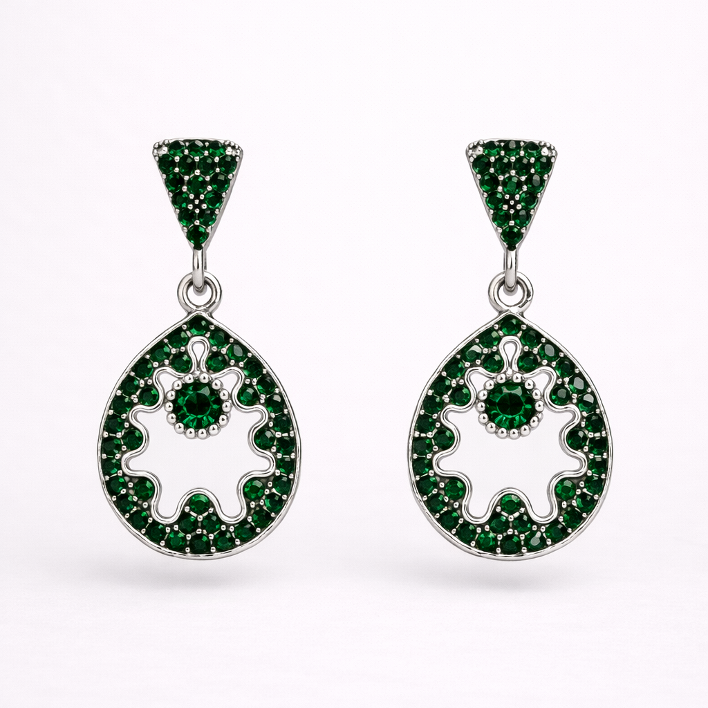 Green Diamond Circular Drop Earrings in Silver Finish