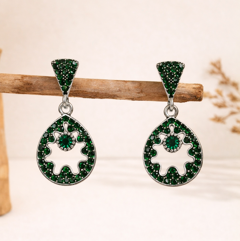 Green Diamond Circular Drop Earrings in Silver Finish