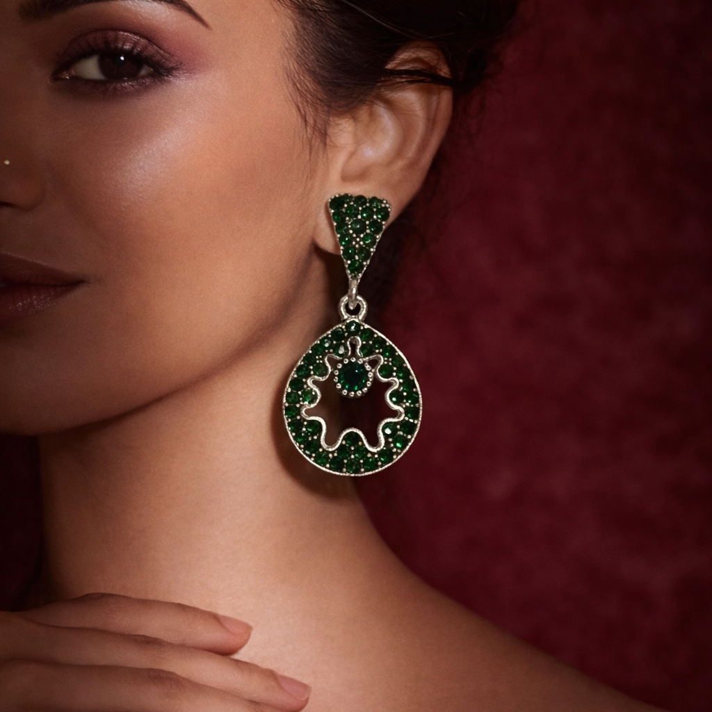 Green Diamond Circular Drop Earrings in Silver Finish