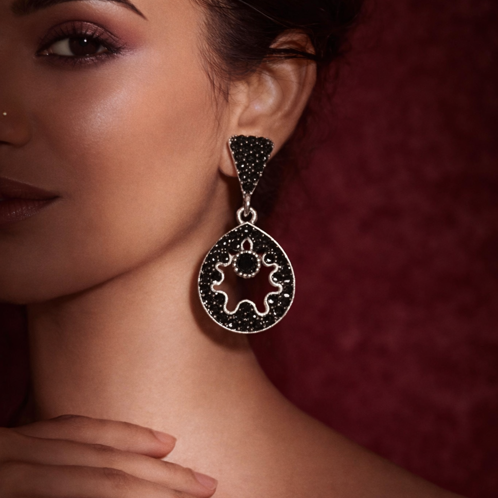 Black Diamond Circular Drop Earrings in Silver Finish