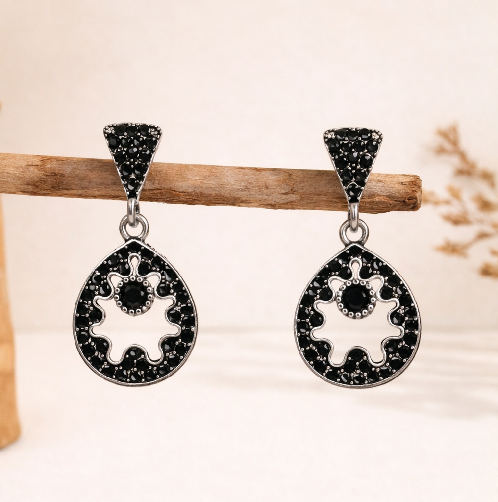 Black Diamond Circular Drop Earrings in Silver Finish