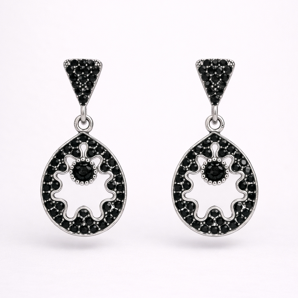 Black Diamond Circular Drop Earrings in Silver Finish