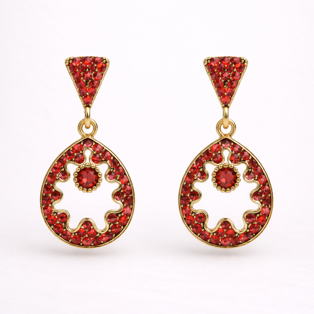 Red Diamond Circular Drop Earrings in Gold Finish