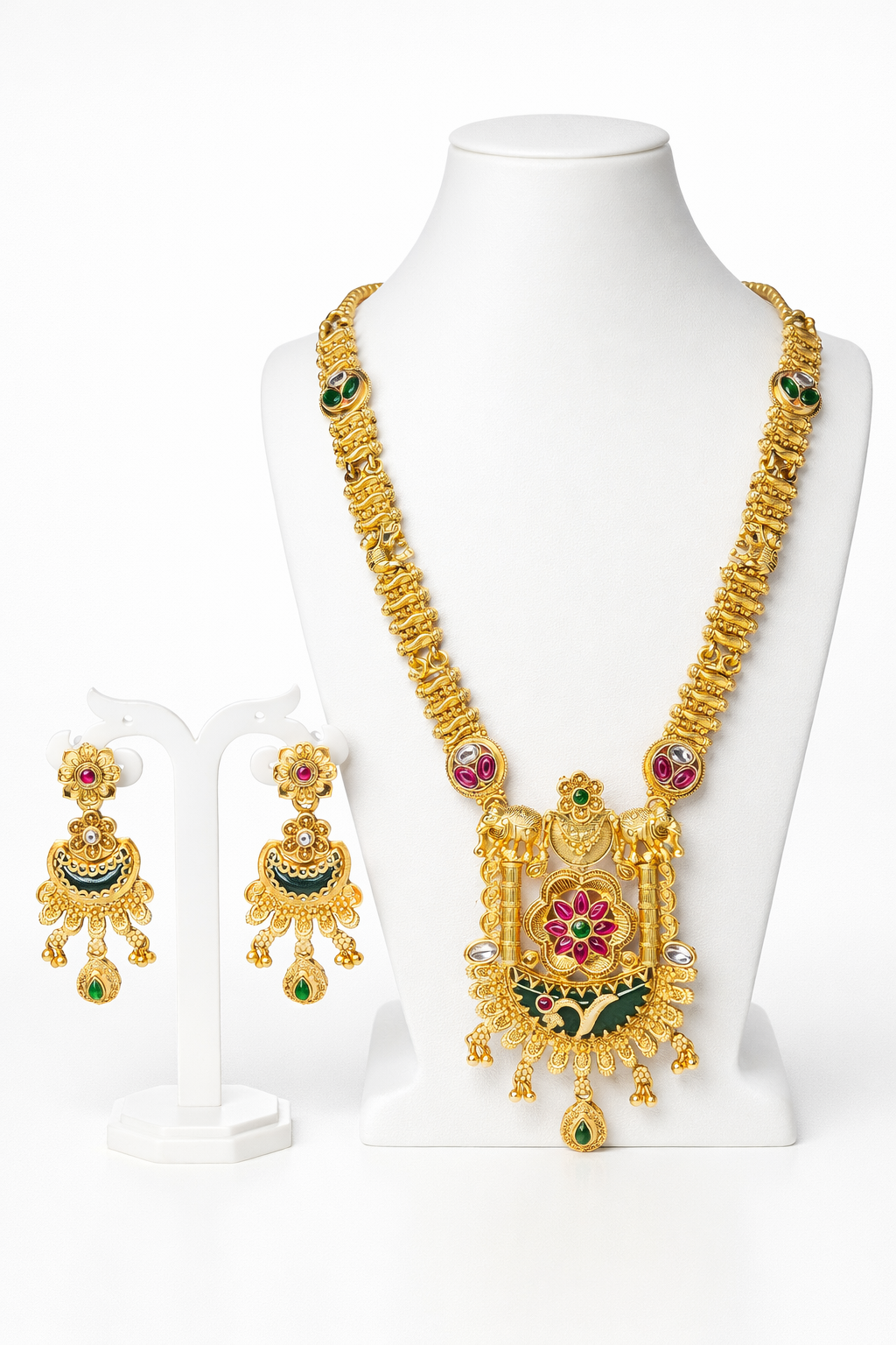 Grand Temple Design Long Necklace Set with Elephant Motifs & Green Stone Pendant – Antique Gold Bridal Jewellery