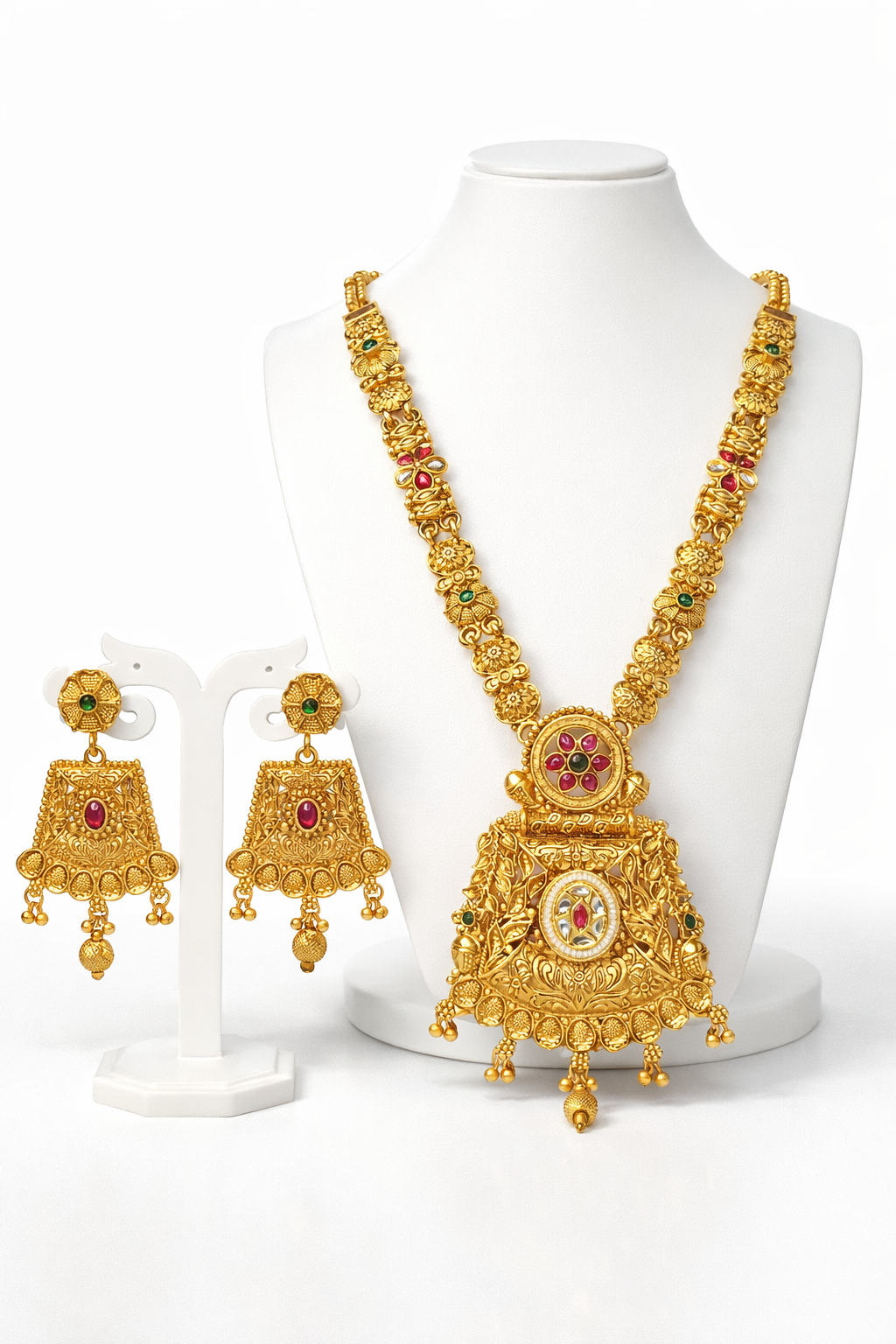 Royal Antique Temple Design Long Necklace Set with Grand Pendant & Traditional Jhumka Earrings – South Indian Bridal Jewellery