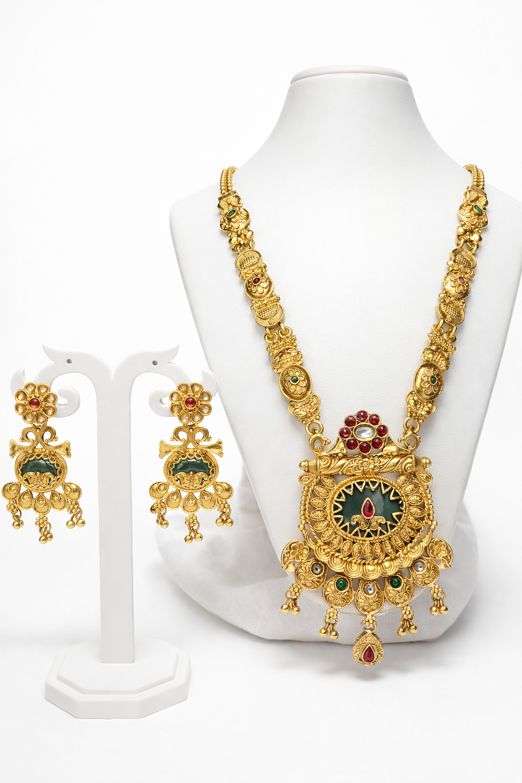 Grand Temple Art Long Necklace Set with Ornate Circular Pendant & Traditional Earrings – Antique South Indian Bridal Jewellery