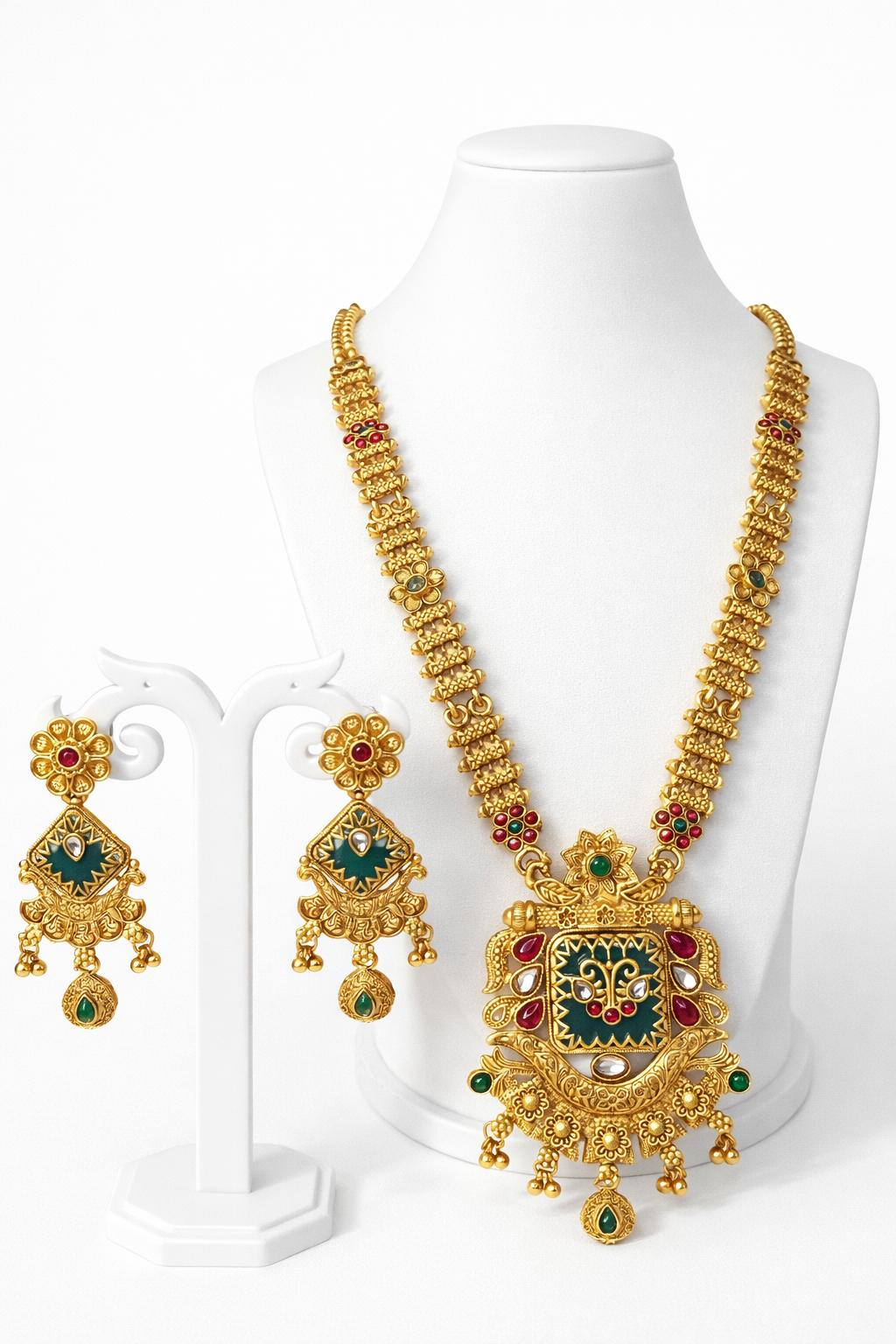 Royal Green Temple Long Necklace Set with Ornate Shield Pendant & Traditional Gold Earrings – South Indian Bridal Jewellery