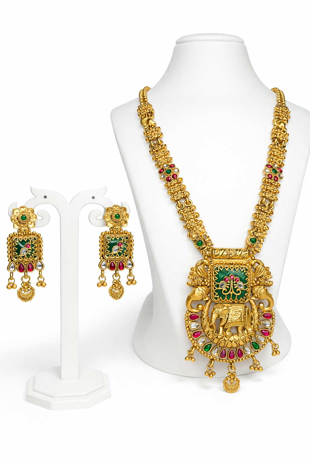Antique Temple Long Necklace Set with Elephant Motif Pendant & Green Stone – Traditional Bridal Gold Jewellery