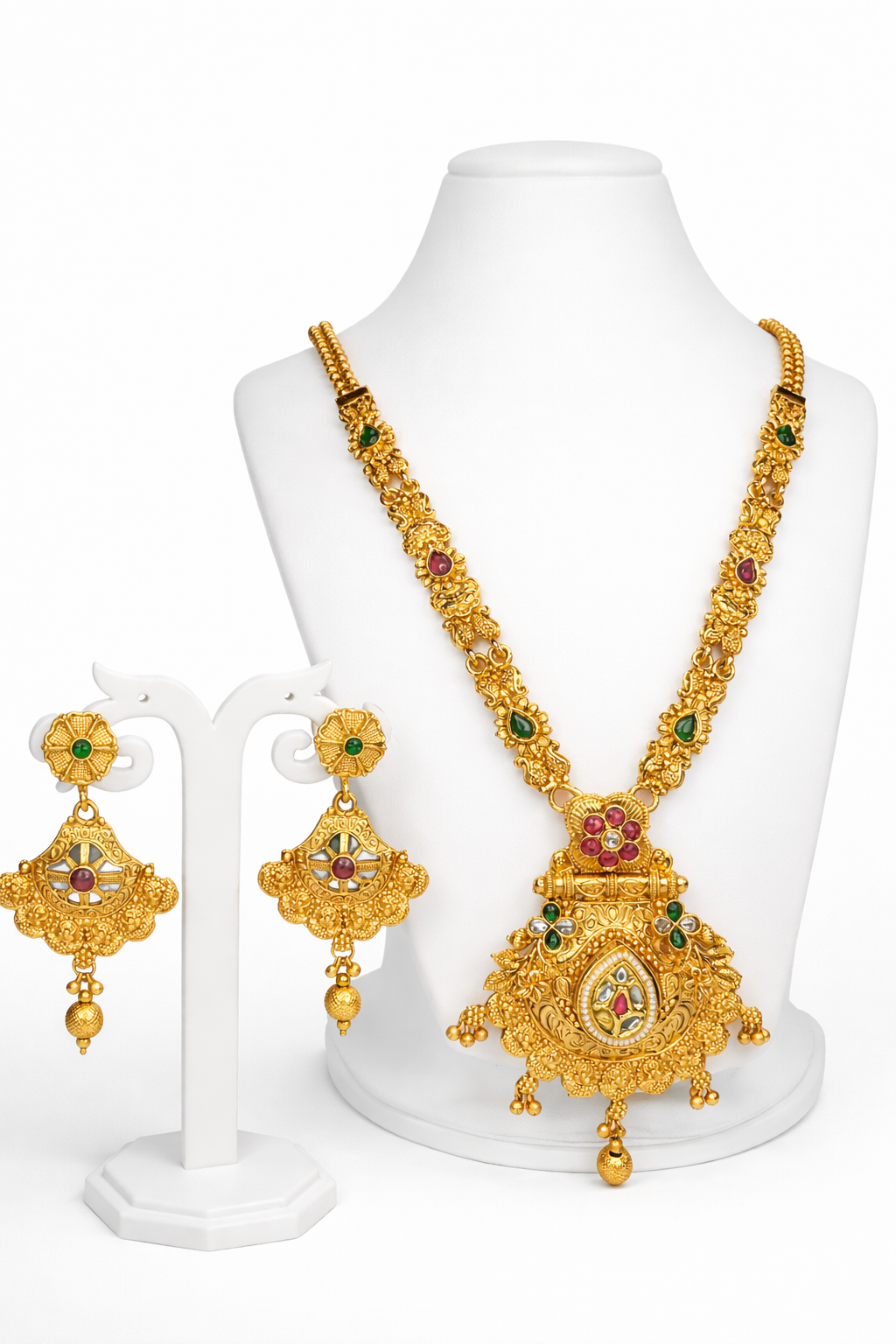 Antique Temple Long Necklace Set with Floral Pendant & Green Ruby Stone Detailing – Traditional Bridal Jewellery