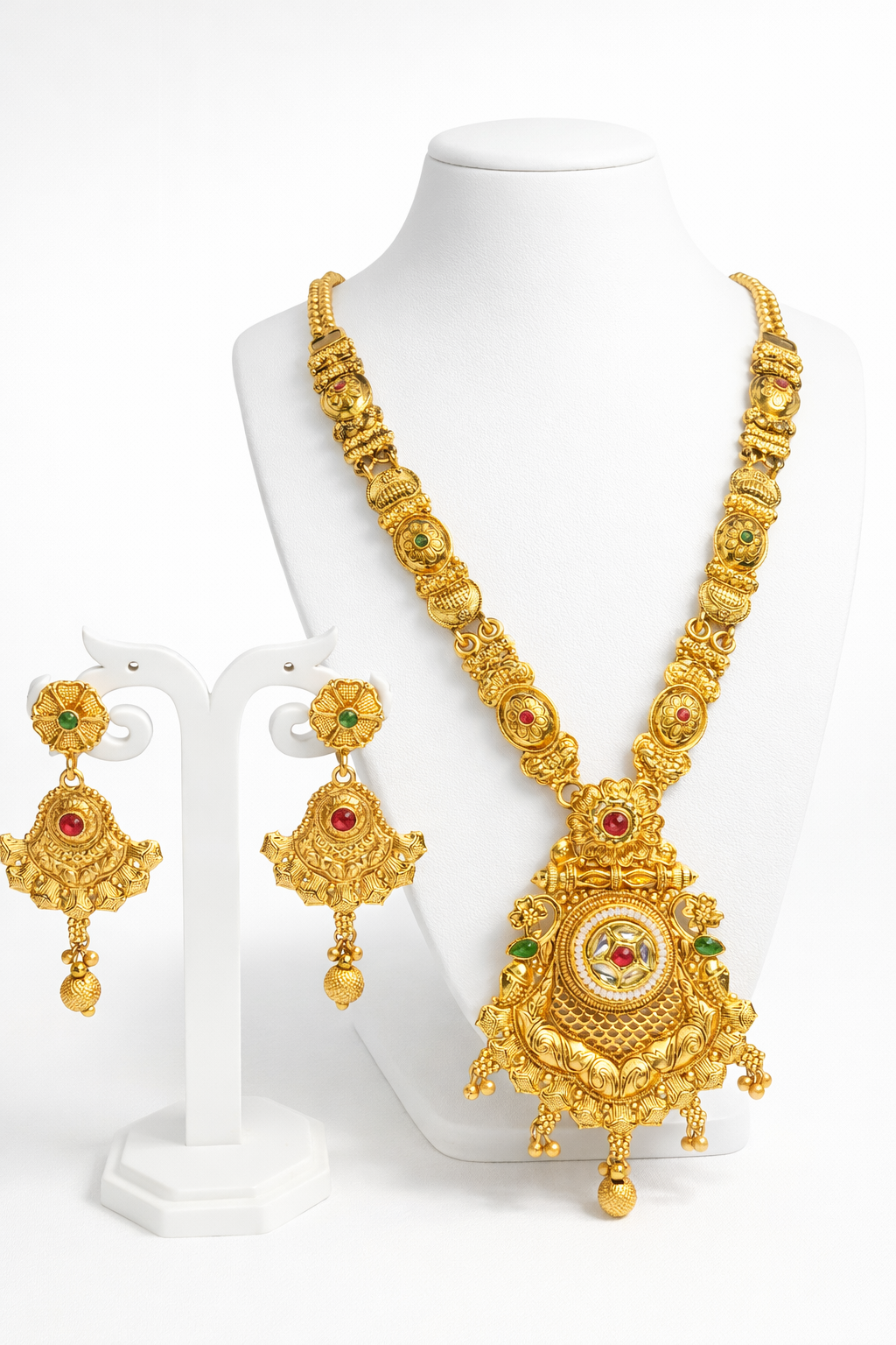 Traditional Antique Temple Long Necklace Set with Grand Circular Pendant & Ruby Green Stone Accents