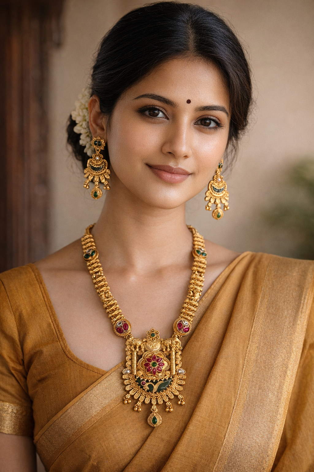 Grand Temple Design Long Necklace Set with Elephant Motifs & Green Stone Pendant – Antique Gold Bridal Jewellery