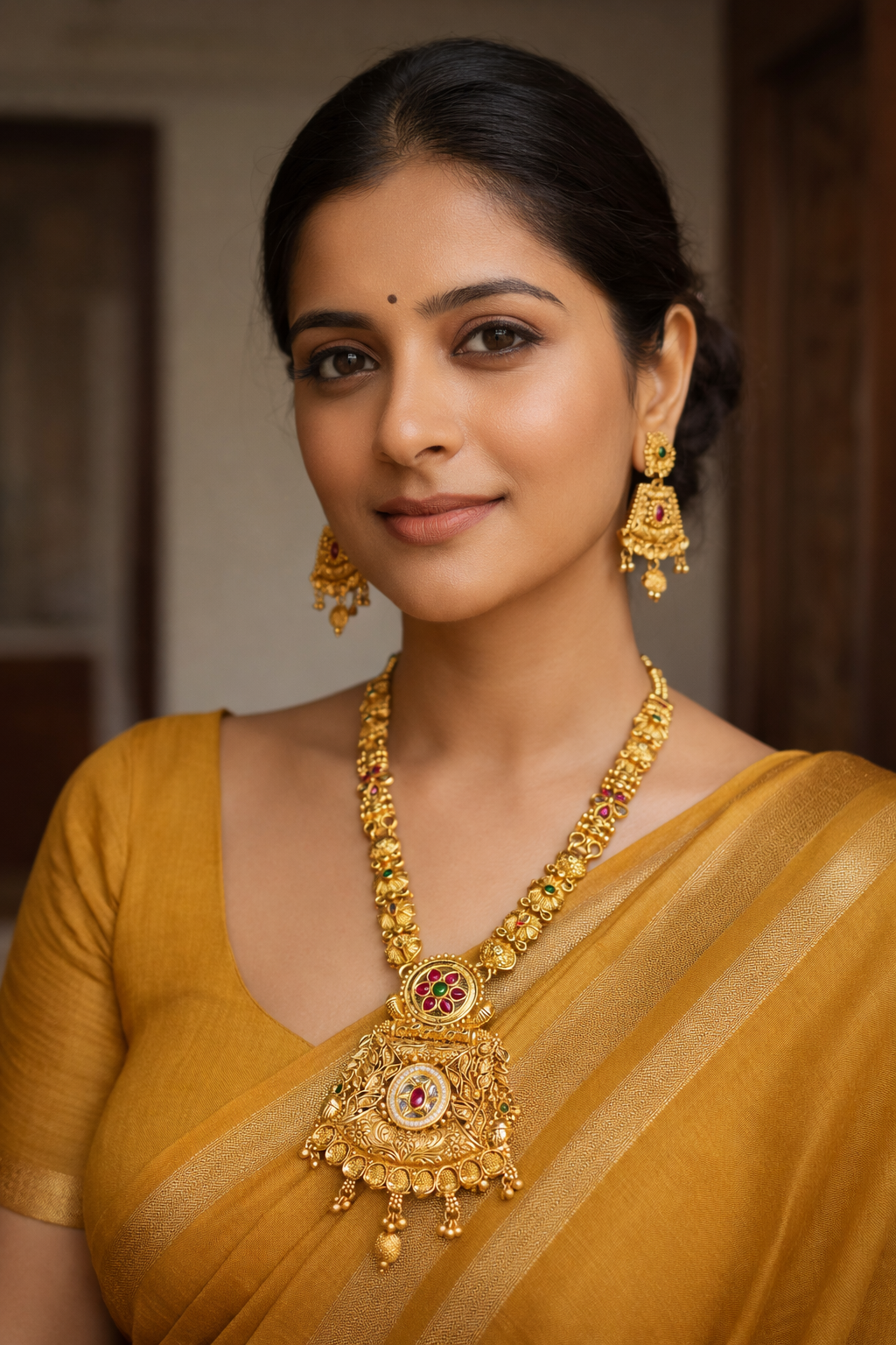 Royal Antique Temple Design Long Necklace Set with Grand Pendant & Traditional Jhumka Earrings – South Indian Bridal Jewellery