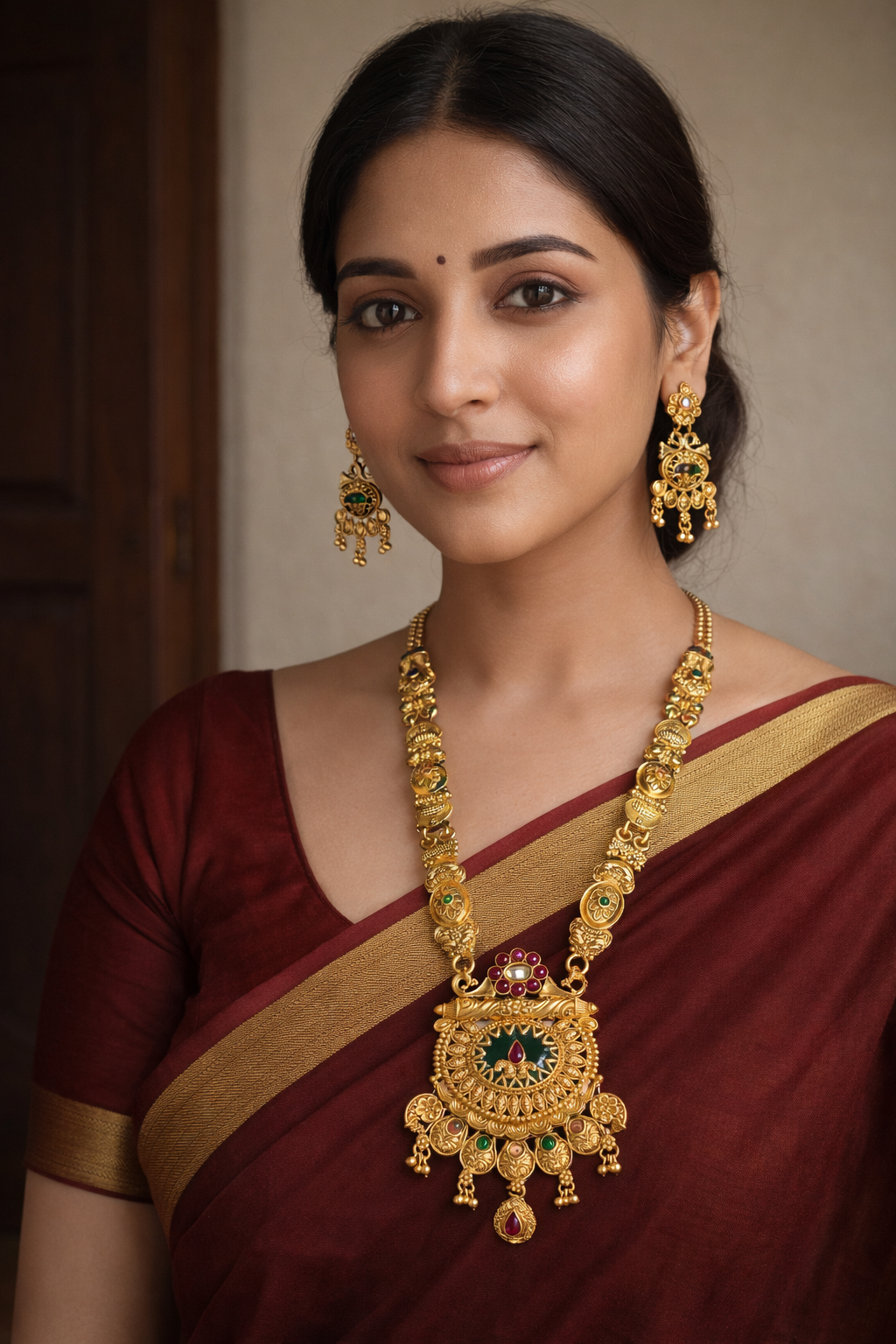 Grand Temple Art Long Necklace Set with Ornate Circular Pendant & Traditional Earrings – Antique South Indian Bridal Jewellery