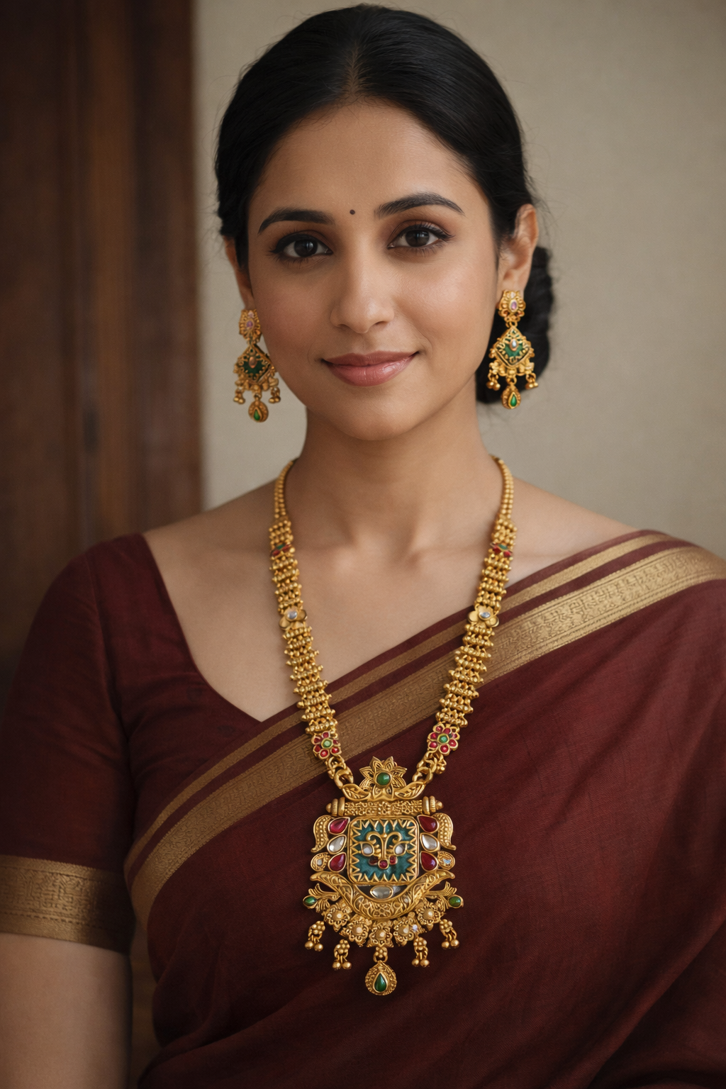 Royal Green Temple Long Necklace Set with Ornate Shield Pendant & Traditional Gold Earrings – South Indian Bridal Jewellery
