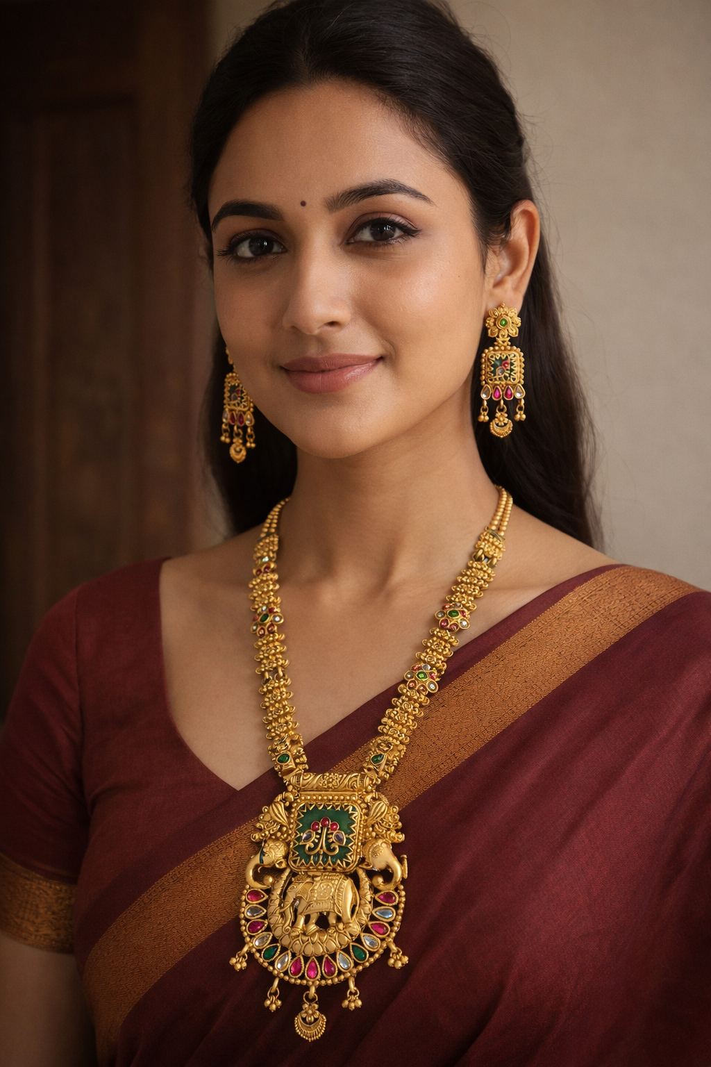 Antique Temple Long Necklace Set with Elephant Motif Pendant & Green Stone – Traditional Bridal Gold Jewellery