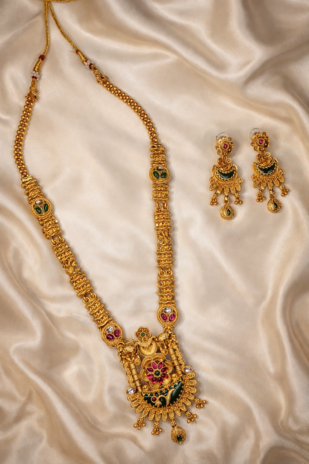 Grand Temple Design Long Necklace Set with Elephant Motifs & Green Stone Pendant – Antique Gold Bridal Jewellery