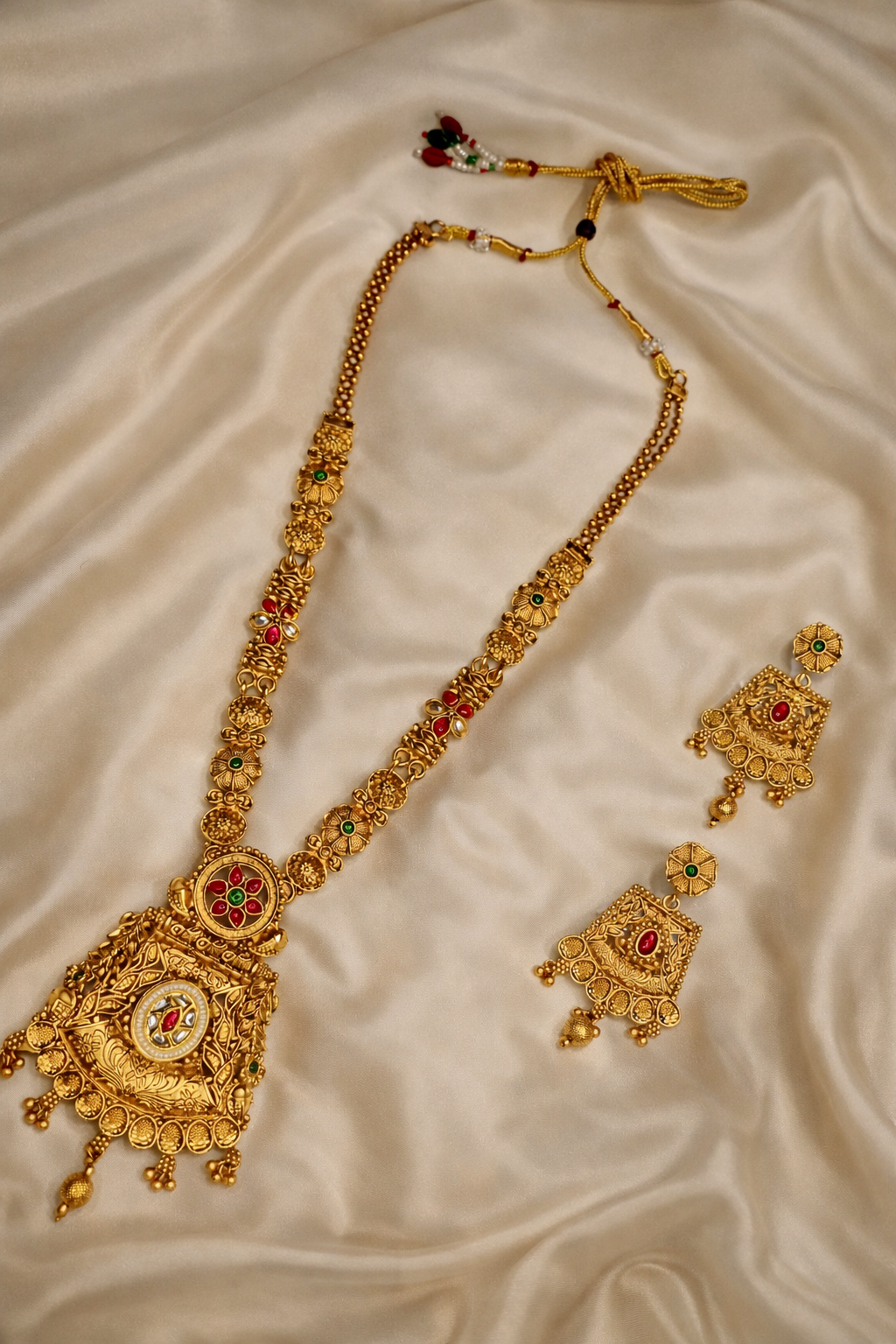 Royal Antique Temple Design Long Necklace Set with Grand Pendant & Traditional Jhumka Earrings – South Indian Bridal Jewellery