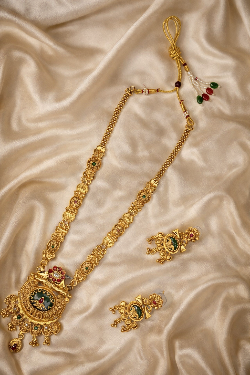Grand Temple Art Long Necklace Set with Ornate Circular Pendant & Traditional Earrings – Antique South Indian Bridal Jewellery