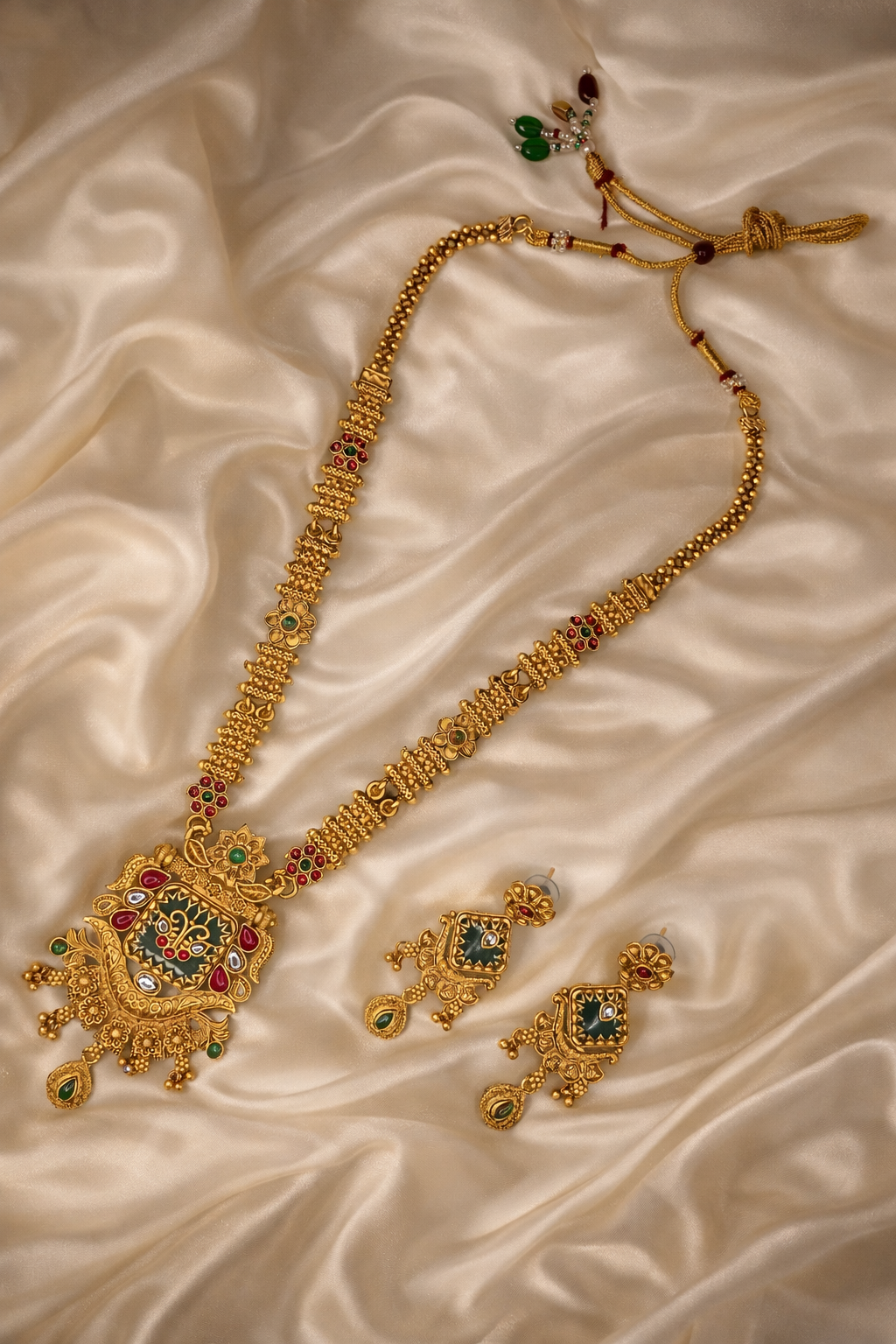 Royal Green Temple Long Necklace Set with Ornate Shield Pendant & Traditional Gold Earrings – South Indian Bridal Jewellery