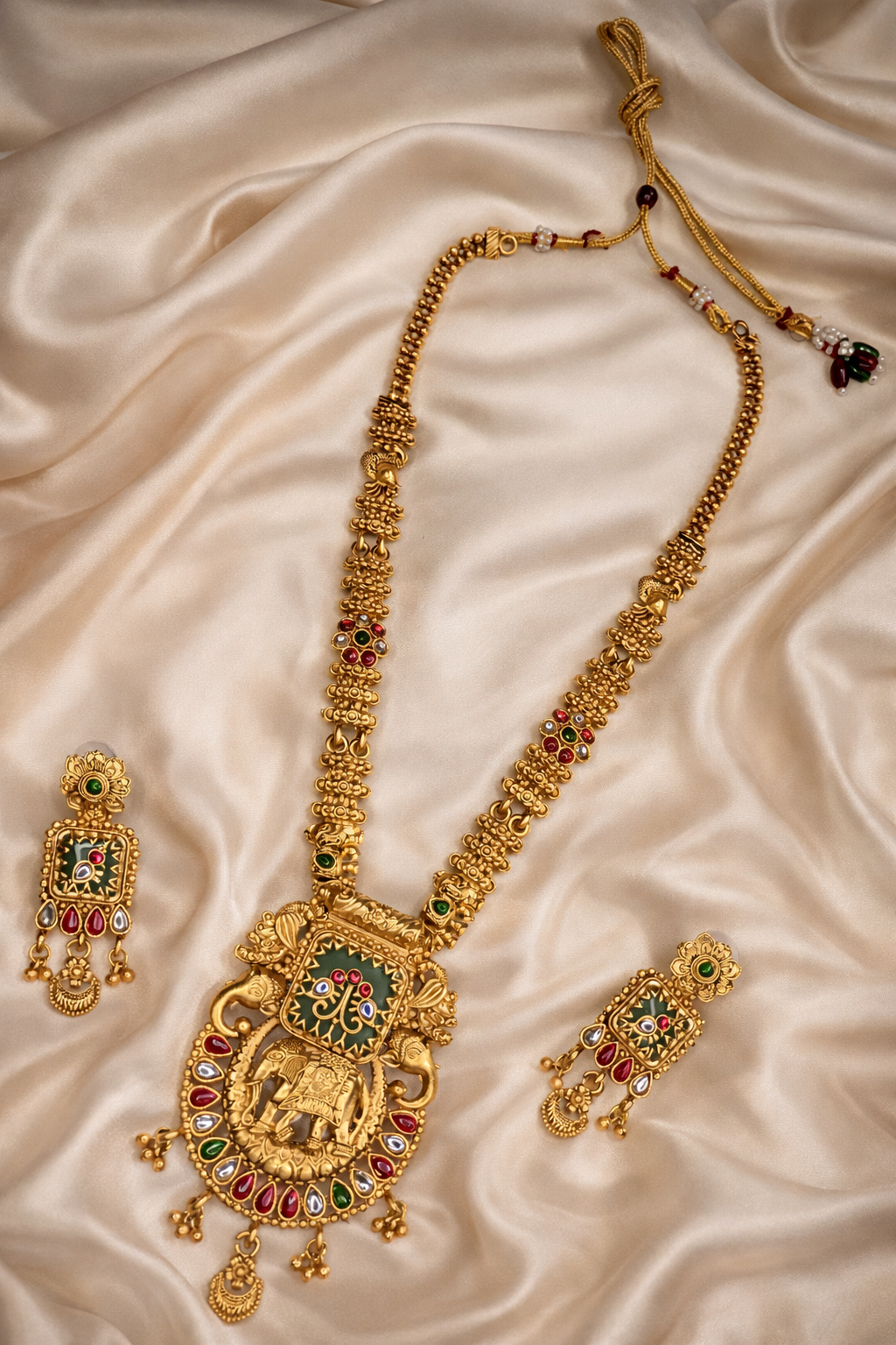 Antique Temple Long Necklace Set with Elephant Motif Pendant & Green Stone – Traditional Bridal Gold Jewellery