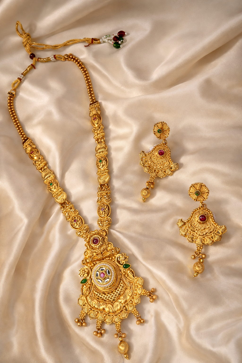 Traditional Antique Temple Long Necklace Set with Grand Circular Pendant & Ruby Green Stone Accents