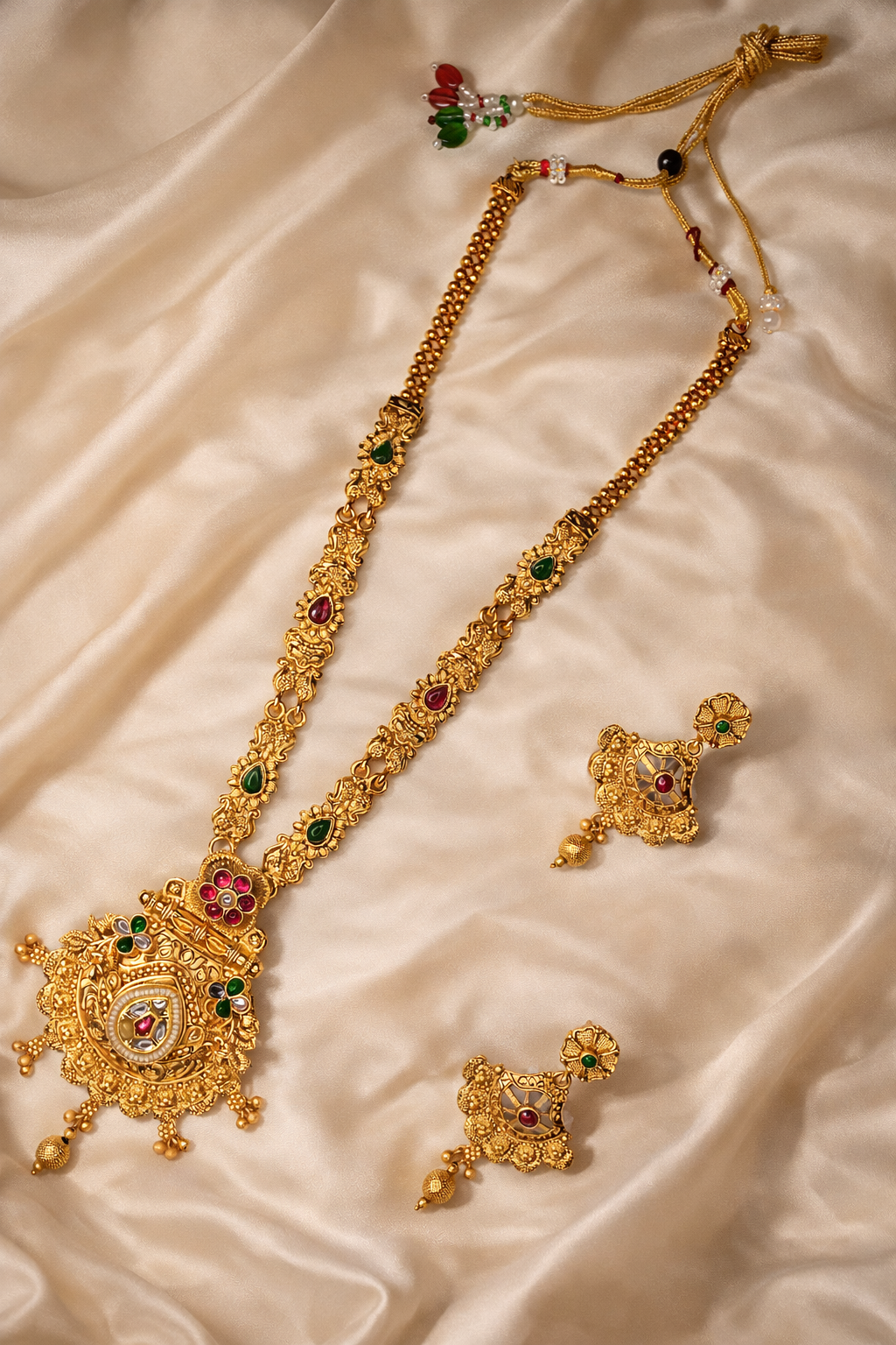 Antique Temple Long Necklace Set with Floral Pendant & Green Ruby Stone Detailing – Traditional Bridal Jewellery