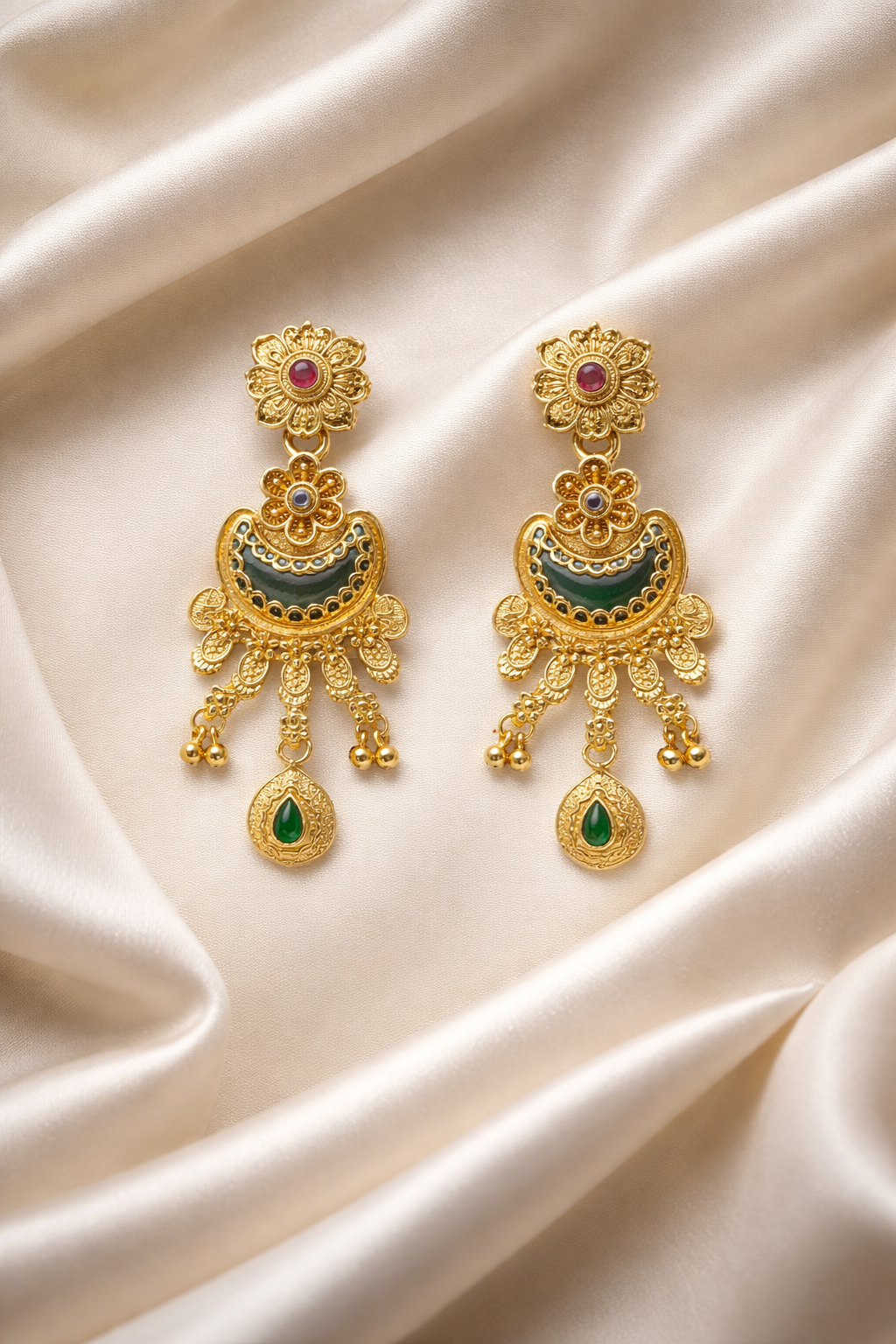 Grand Temple Design Long Necklace Set with Elephant Motifs & Green Stone Pendant – Antique Gold Bridal Jewellery