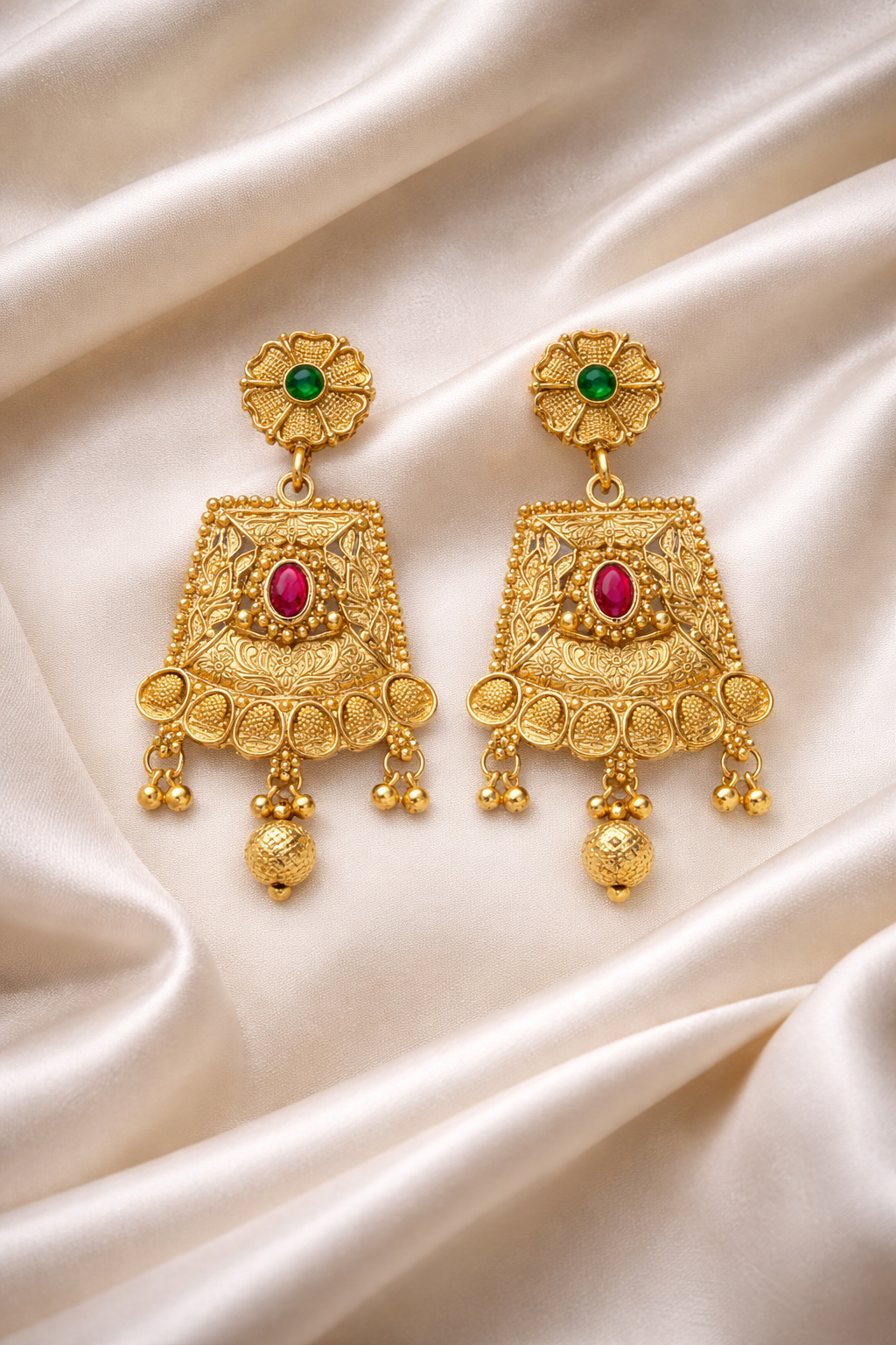 Royal Antique Temple Design Long Necklace Set with Grand Pendant & Traditional Jhumka Earrings – South Indian Bridal Jewellery