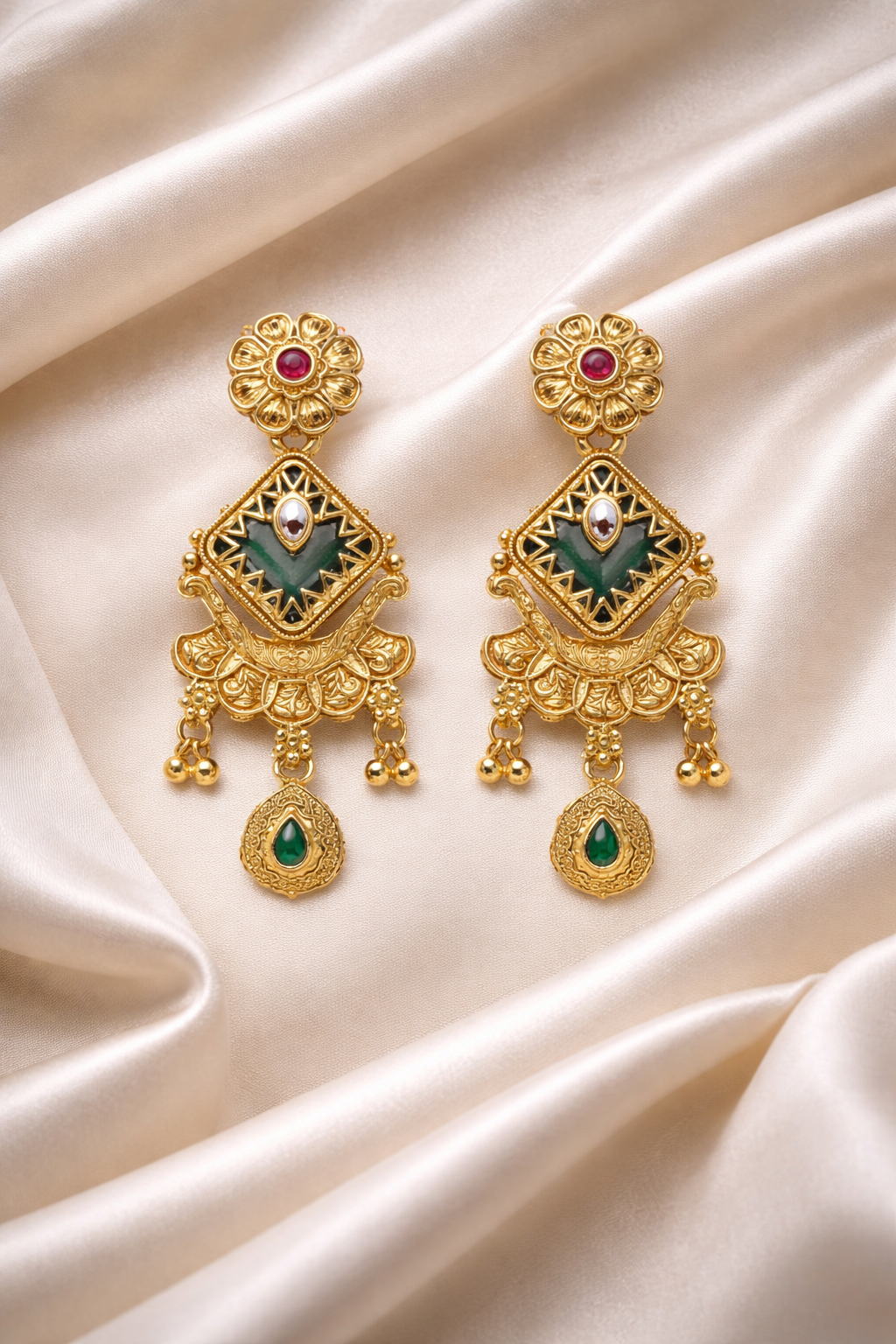 Royal Green Temple Long Necklace Set with Ornate Shield Pendant & Traditional Gold Earrings – South Indian Bridal Jewellery