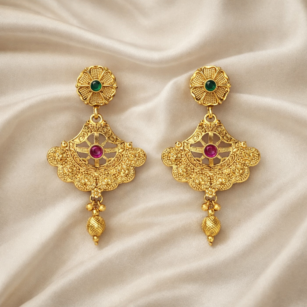 Antique Temple Long Necklace Set with Floral Pendant & Green Ruby Stone Detailing – Traditional Bridal Jewellery