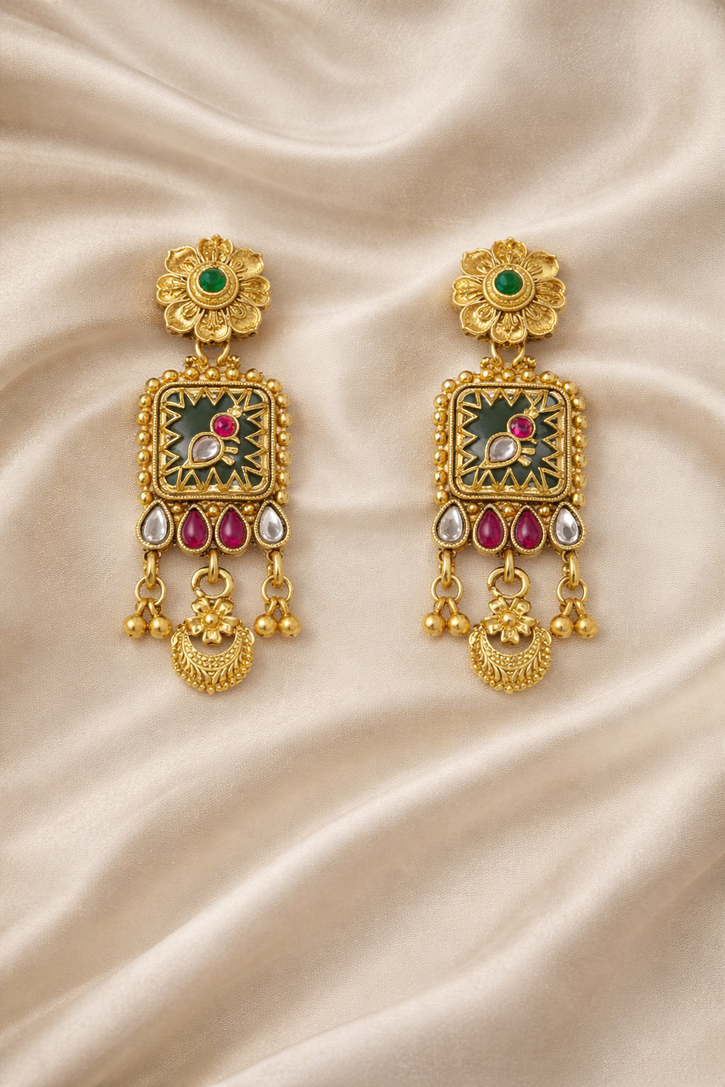 Antique Temple Long Necklace Set with Elephant Motif Pendant & Green Stone – Traditional Bridal Gold Jewellery