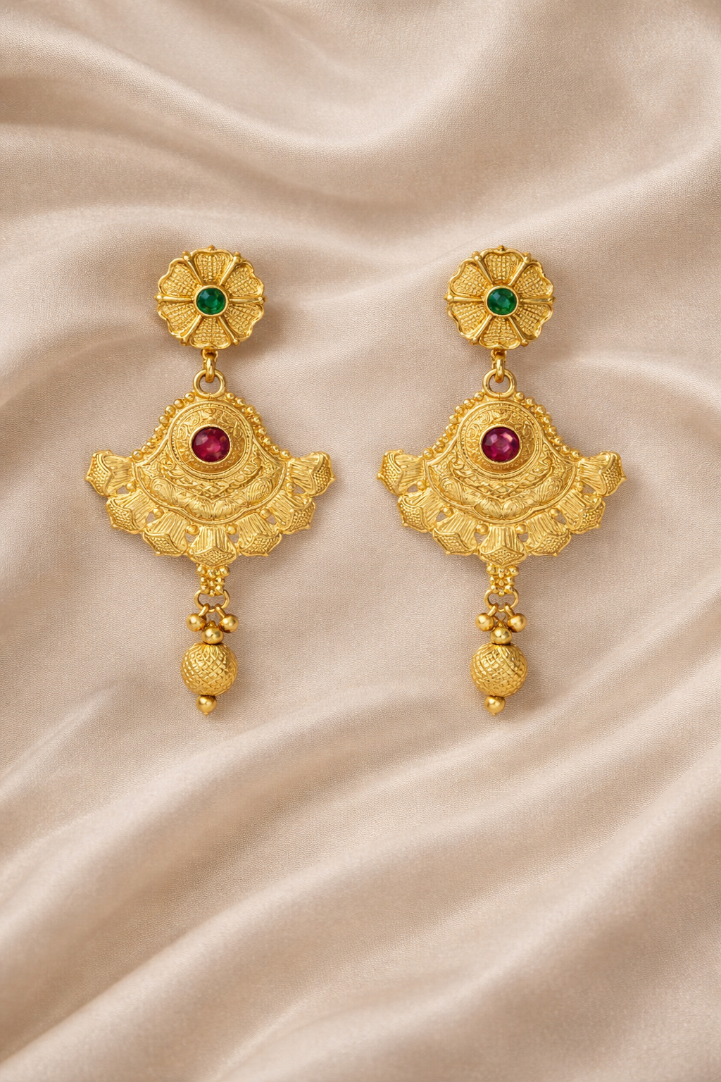 Traditional Antique Temple Long Necklace Set with Grand Circular Pendant & Ruby Green Stone Accents