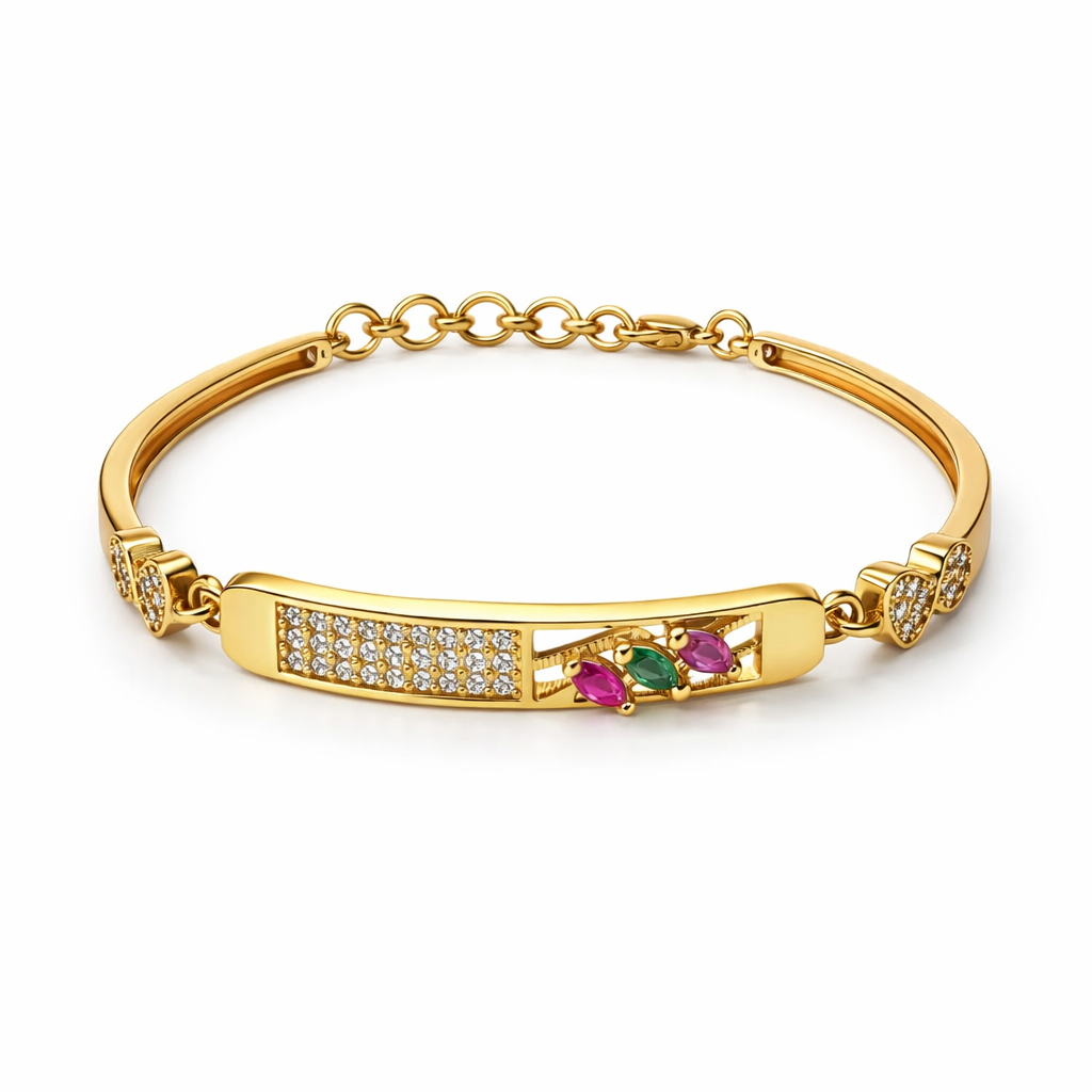 Crystal Bar Gold Finish Bracelet with Ruby & Emerald Accents – Elegant Adjustable Designer Bracelet for Women