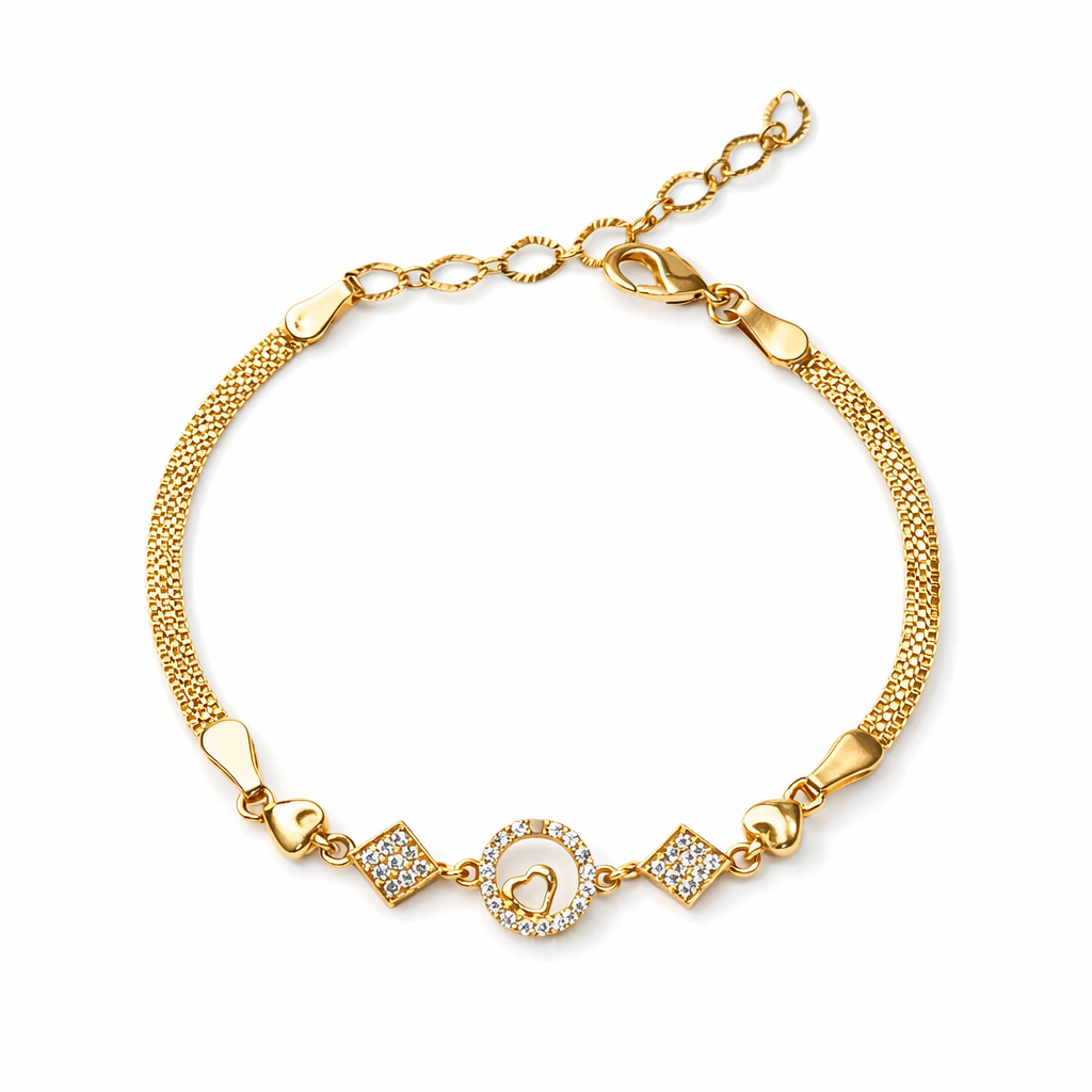 Heart Circle Gold Finish Bracelet with Crystal Accents – Elegant Adjustable Designer Bracelet for Women