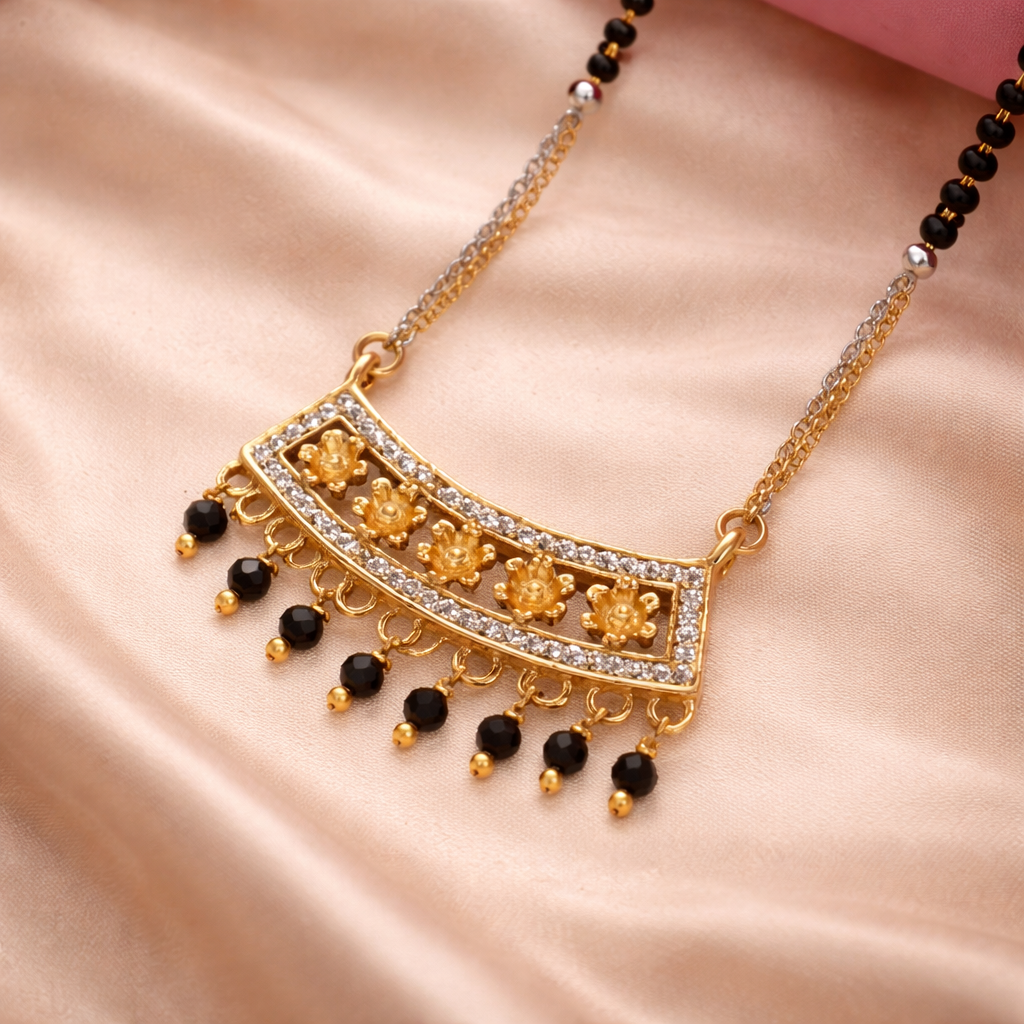 Temple Style Short Mangalsutra with Gold Finish & Black Bead Drops – Elegant Daily Wear Mangalsutra Necklace