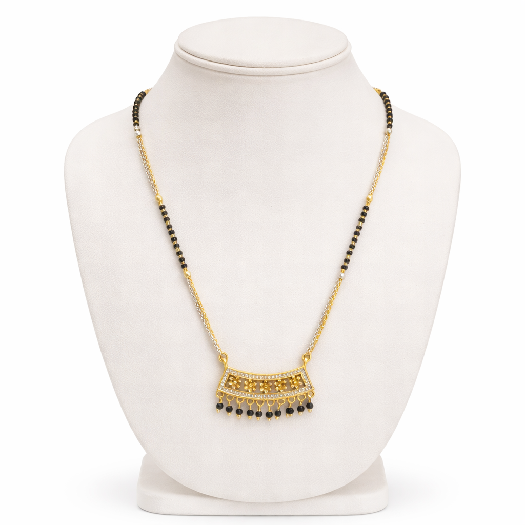 Temple Style Short Mangalsutra with Gold Finish & Black Bead Drops – Elegant Daily Wear Mangalsutra Necklace