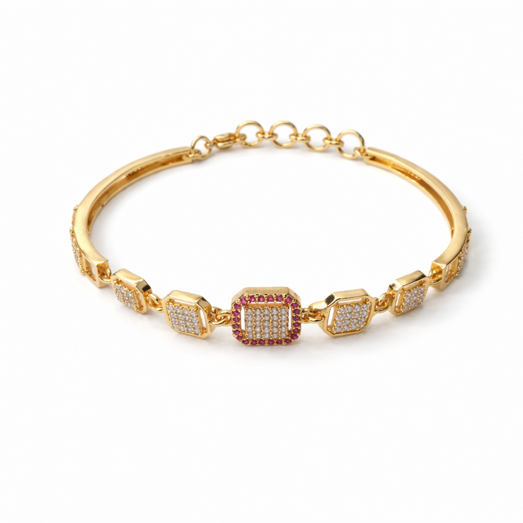 Square Crystal Link Gold Finish Bracelet with Ruby Accent – Elegant Designer Adjustable Bracelet for Women