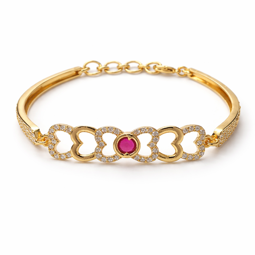 Heart Link Gold Finish Bracelet with Ruby Center & Crystal Detailing – Elegant Designer Adjustable Bracelet for Women