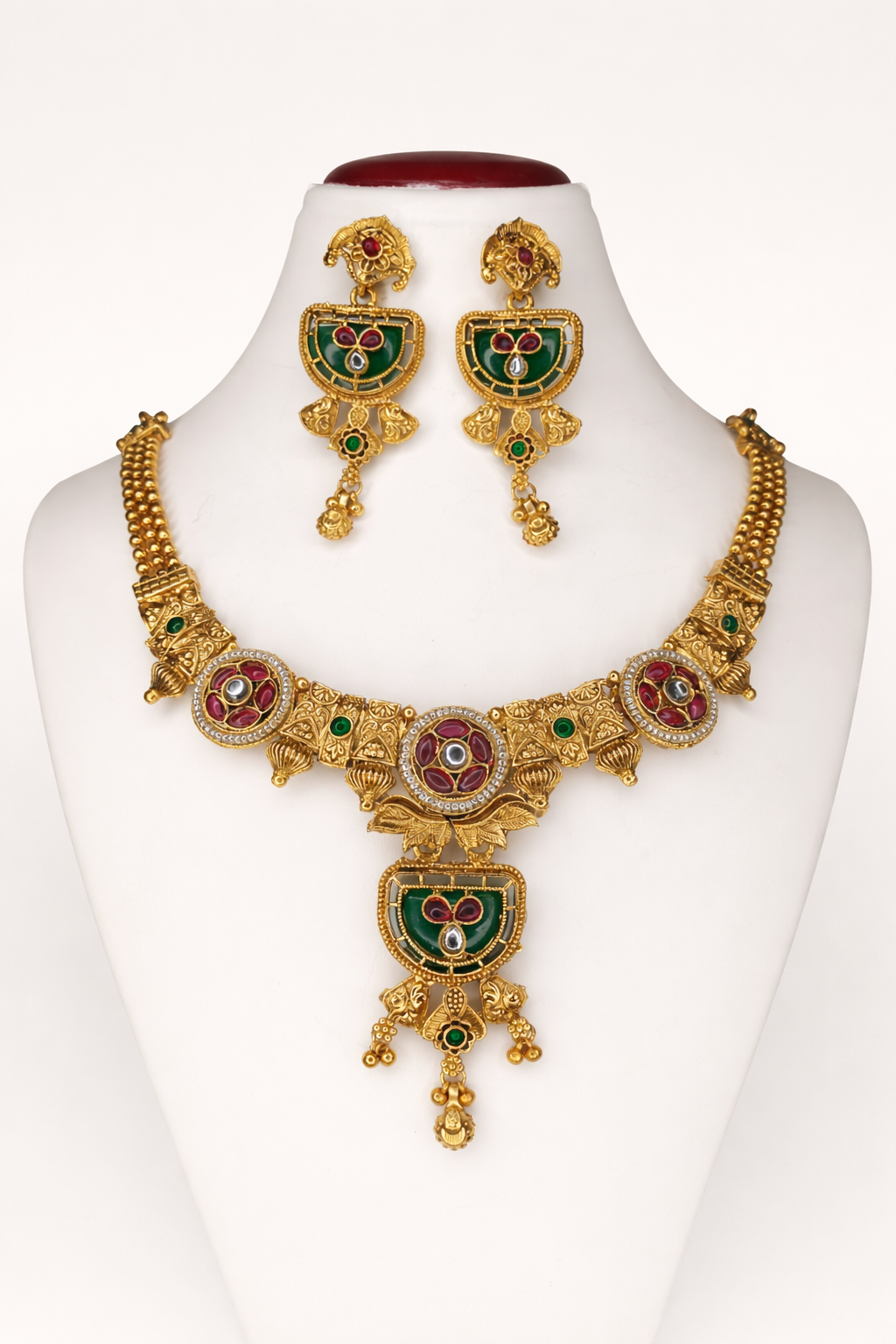 Temple Inspired Short Necklace Set with Ruby & Emerald Accents – Antique Gold Finish Bridal Jewellery Set