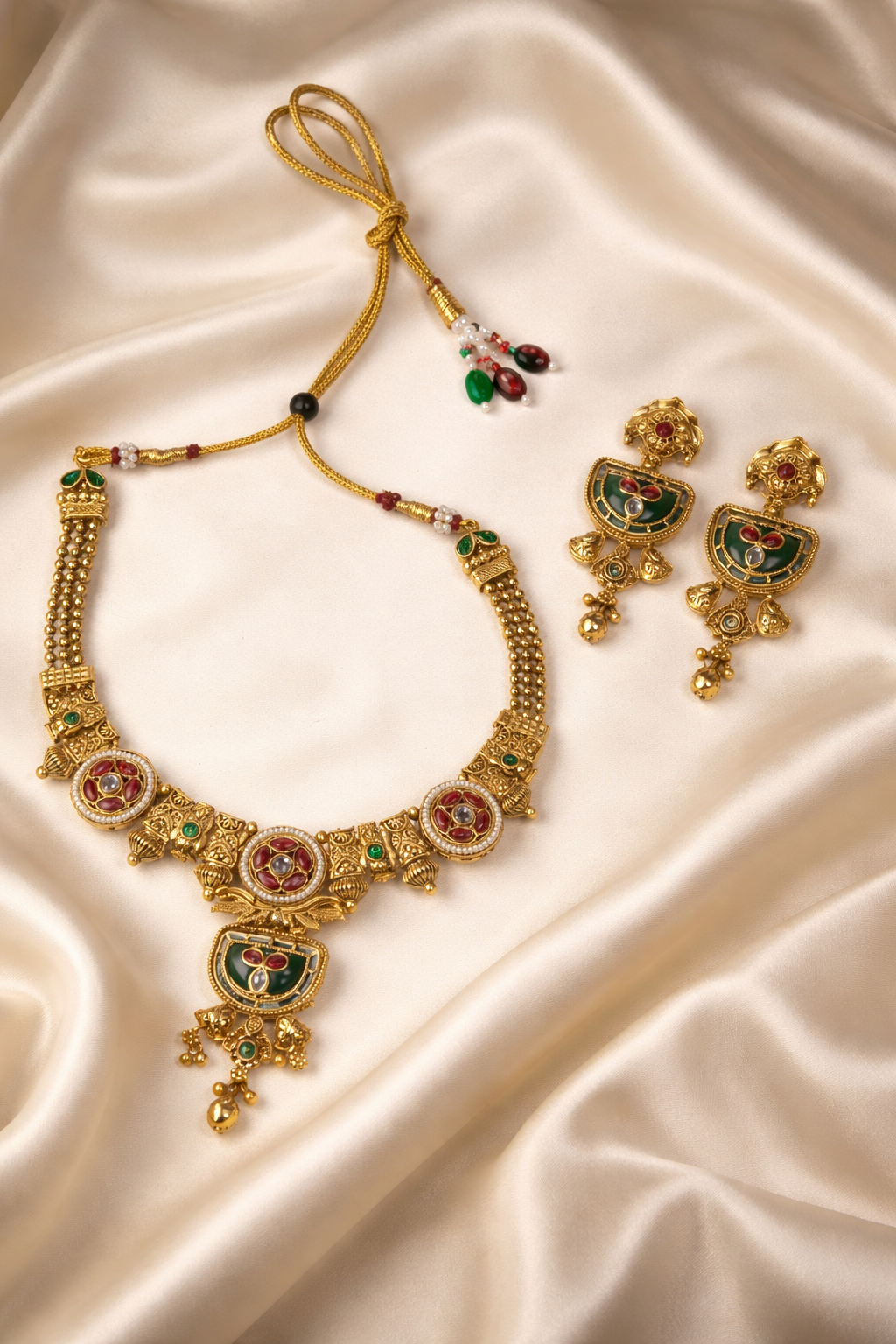 Temple Inspired Short Necklace Set with Ruby & Emerald Accents – Antique Gold Finish Bridal Jewellery Set