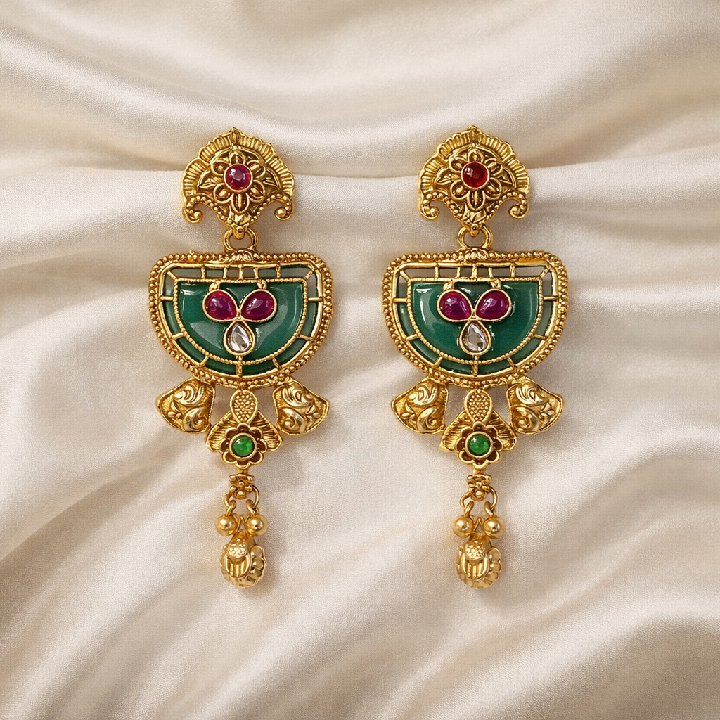 Temple Inspired Short Necklace Set with Ruby & Emerald Accents – Antique Gold Finish Bridal Jewellery Set