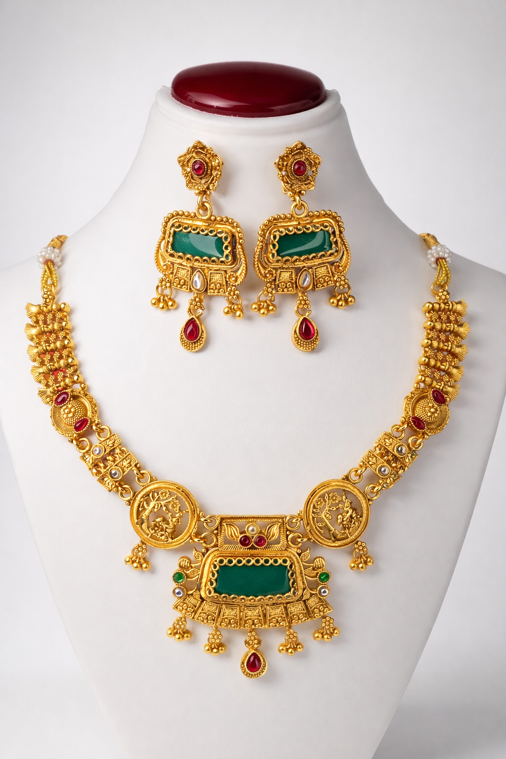 Royal Temple Design Short Necklace Set with Green Enamel & Ruby Detailing – Antique Gold Finish Bridal Jewellery